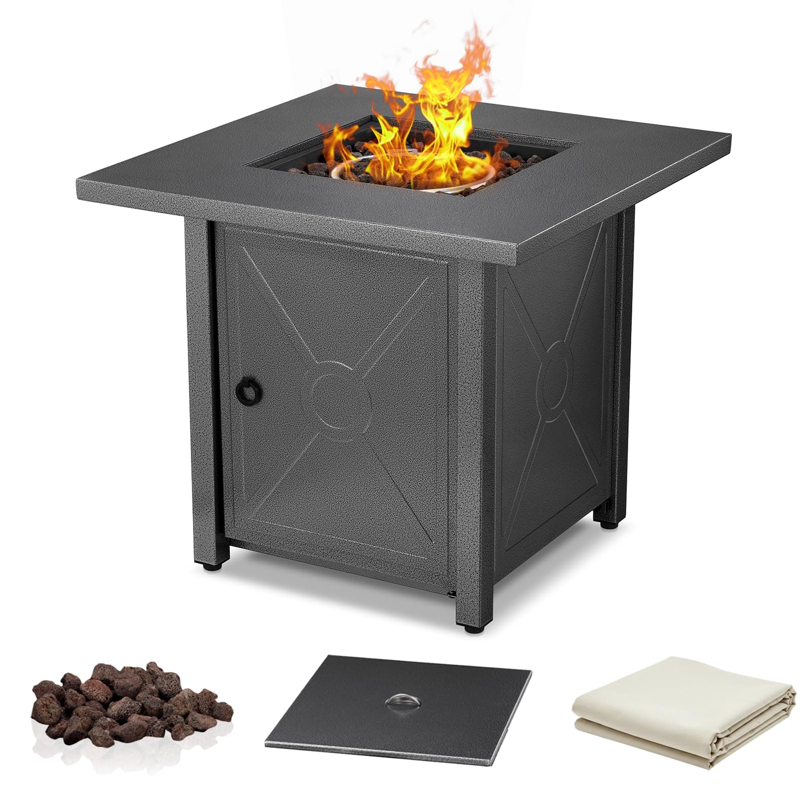 R.W.FLAME 28'' Propane Fire Pit Table, 40,000 BTU, Portable, with Lava Racks, Lid, Rain Cover, Smokeless for Outside Paito/Garden/Backyard