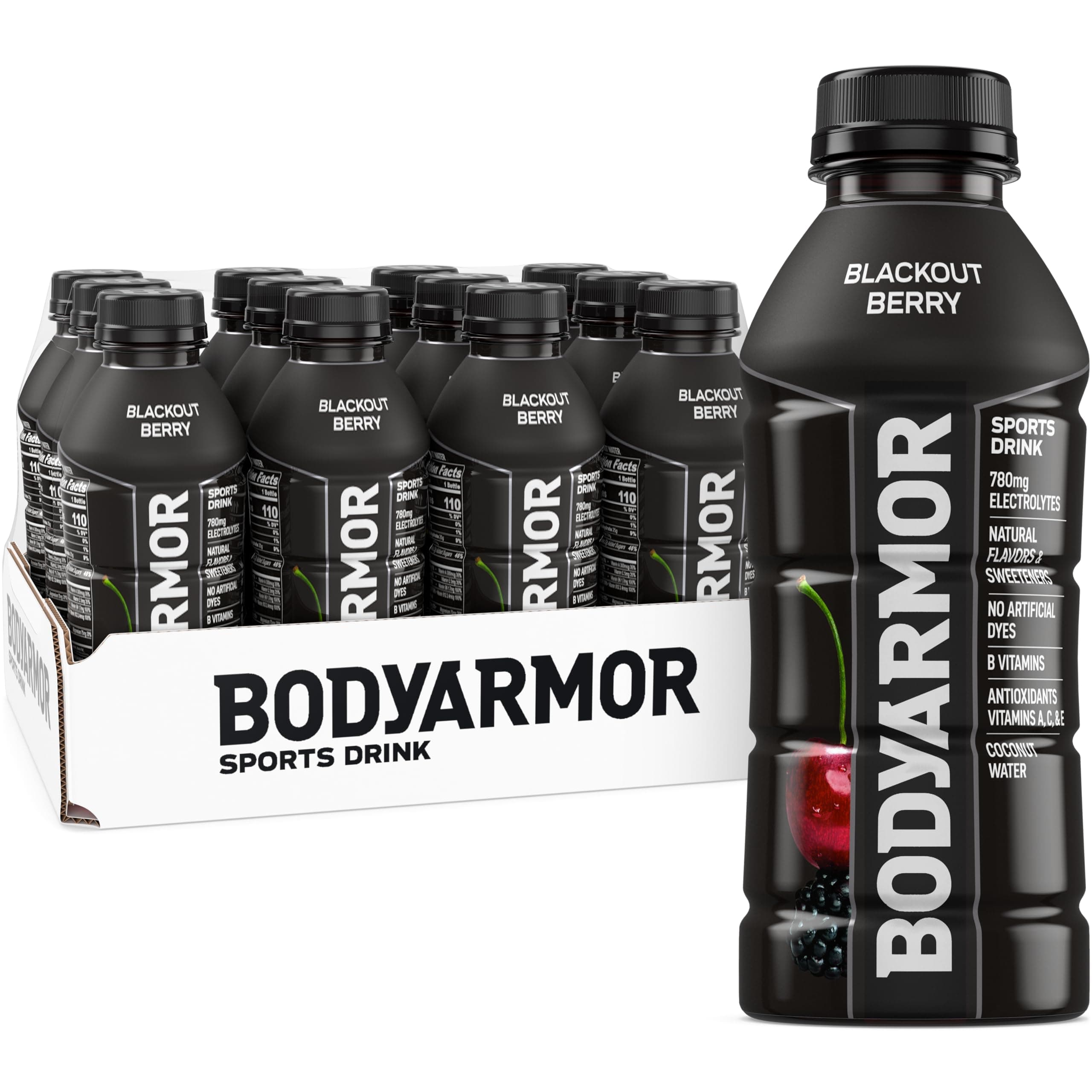 BODYARMOR Sports Drink, Blackout Berry Electrolyte Drink, 16 Oz (12 Pk) | Coconut Water Hydration Drink, Flavored Water Sport Beverage, 790mg Electrolytes, Natural Flavors & Sweeteners + Antioxidants