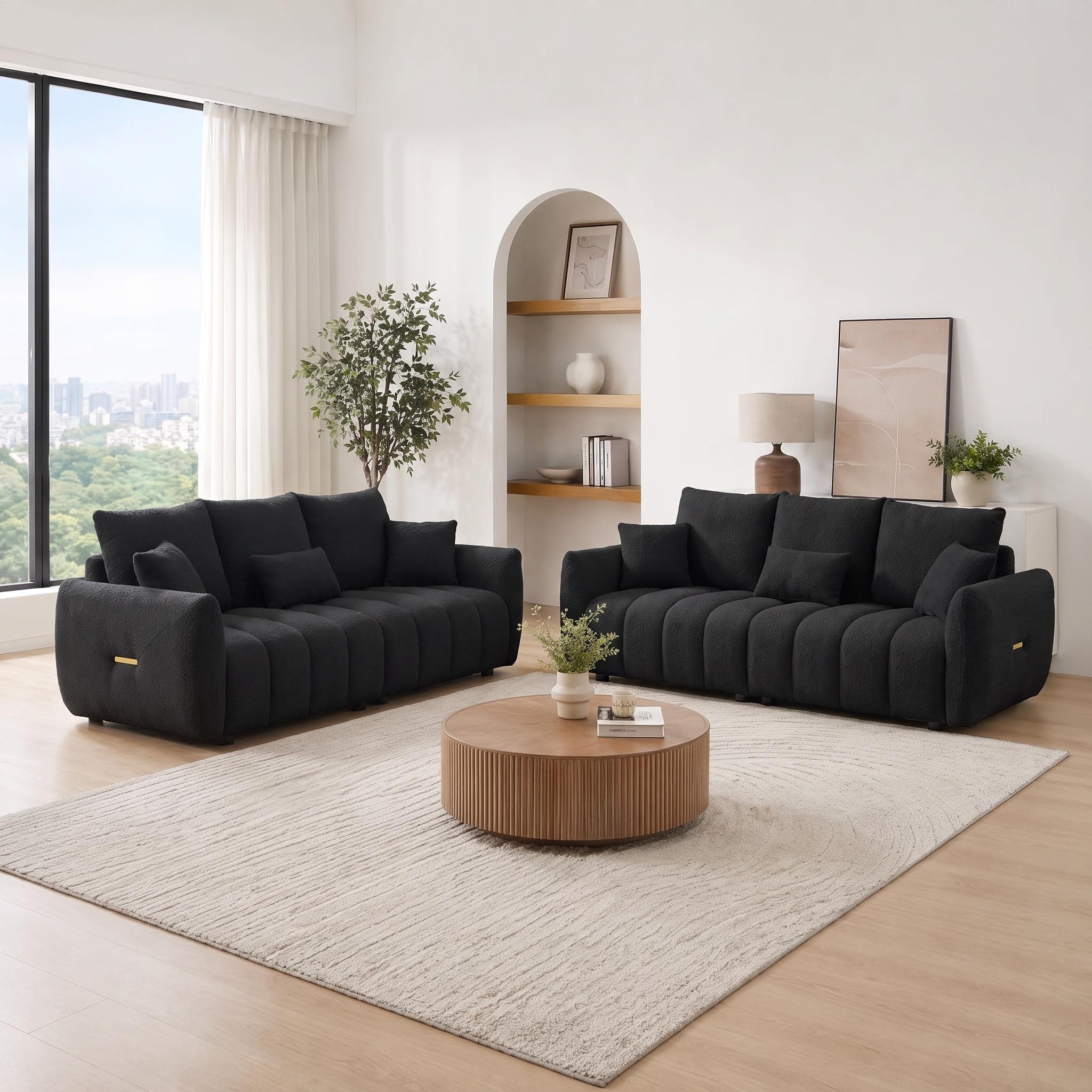 Trygoal 2-Piece Oversized Sectional Teddy Sofa Set with Two 3-Seaters, Black