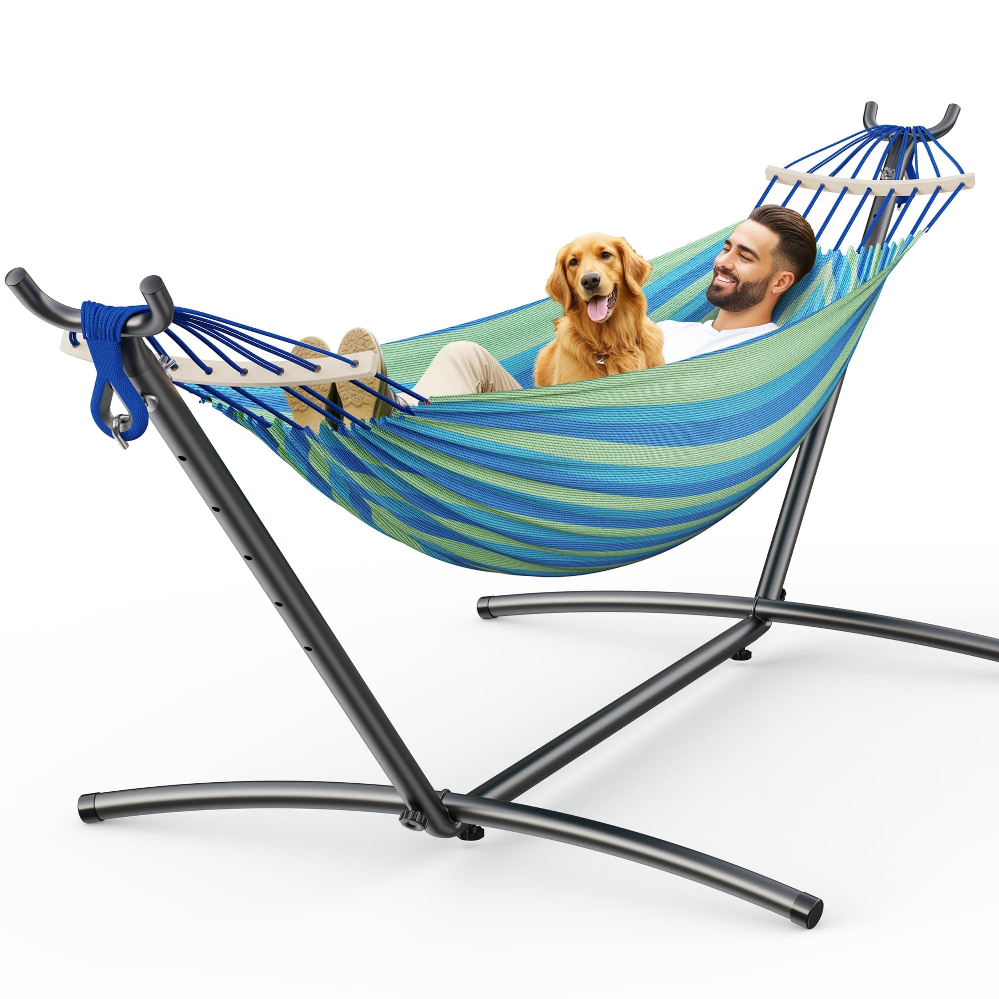 ANAGOO 2 Person Hammock with Stand, 500 lb Indoor Outdoor, Wide Blue | Adjustable Height | Heavy Duty Steel Stand | Anti-Tip Spreader Bars | Tool-Free 10-Min Setup