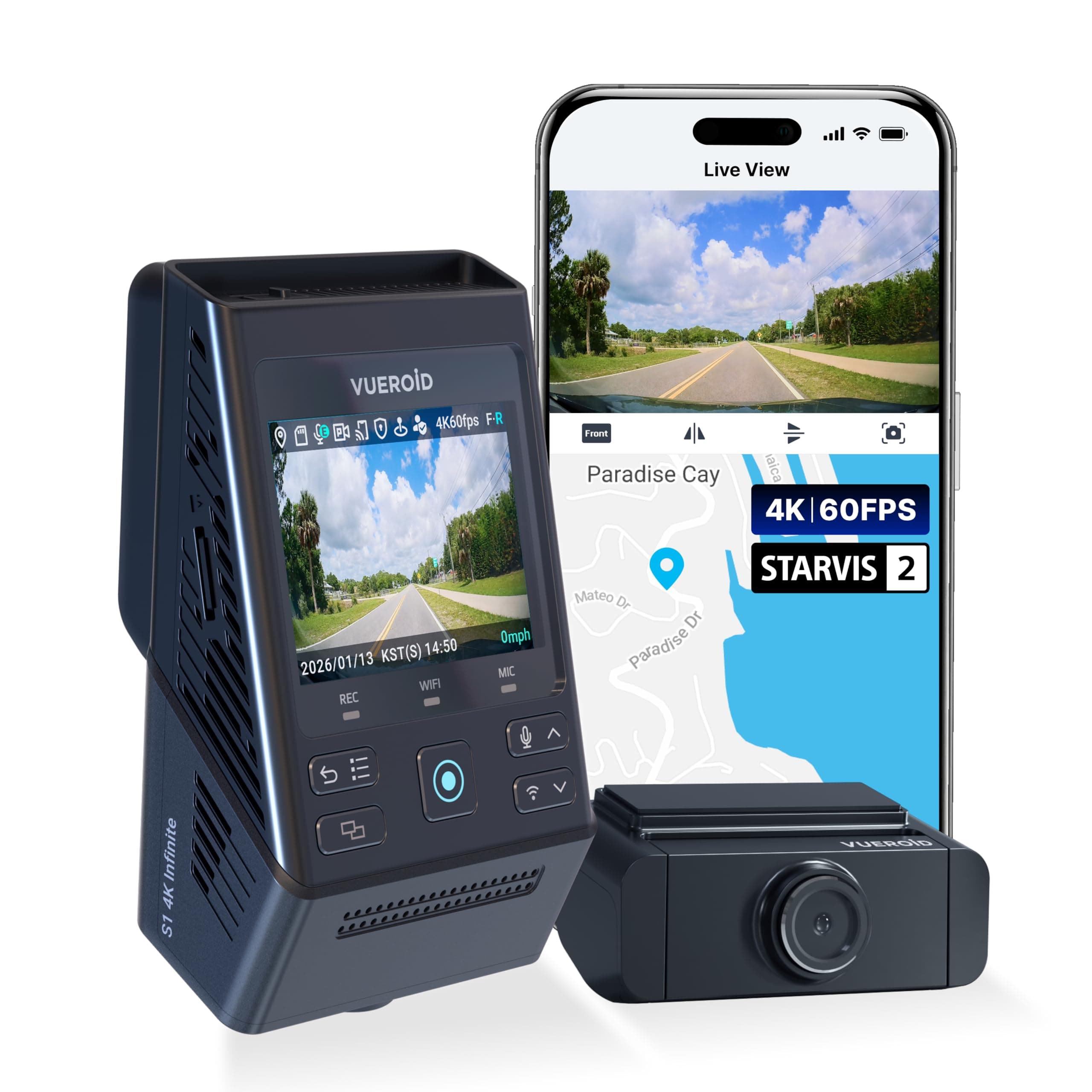 Vueroid S1 4K Infinite 4K 60FPS Dash Cam, Front and Rear, STARVIS 2, HDR | 4K+1440P Car Dash Camera, CPL Filter & Hardwire Kit Included, Wi-Fi, GPS, AI, 24/7 Parking Mode, HDR