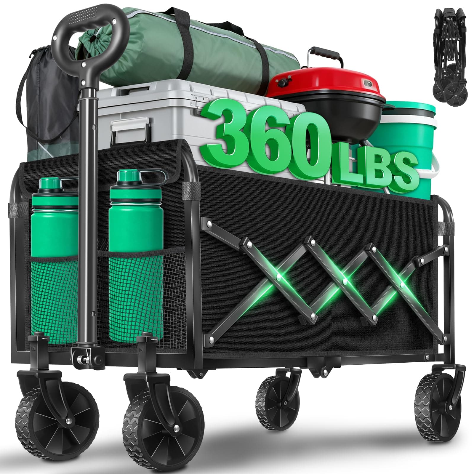 Collapsible Wagons Carts Foldable Wagon,360lbs Folding Wagon Cart | Wagon Cart with Wheels, Lightweight Foldable Cart with Drink Holders for Camping Picnic Grocery Shopping Garden Travel Sports
