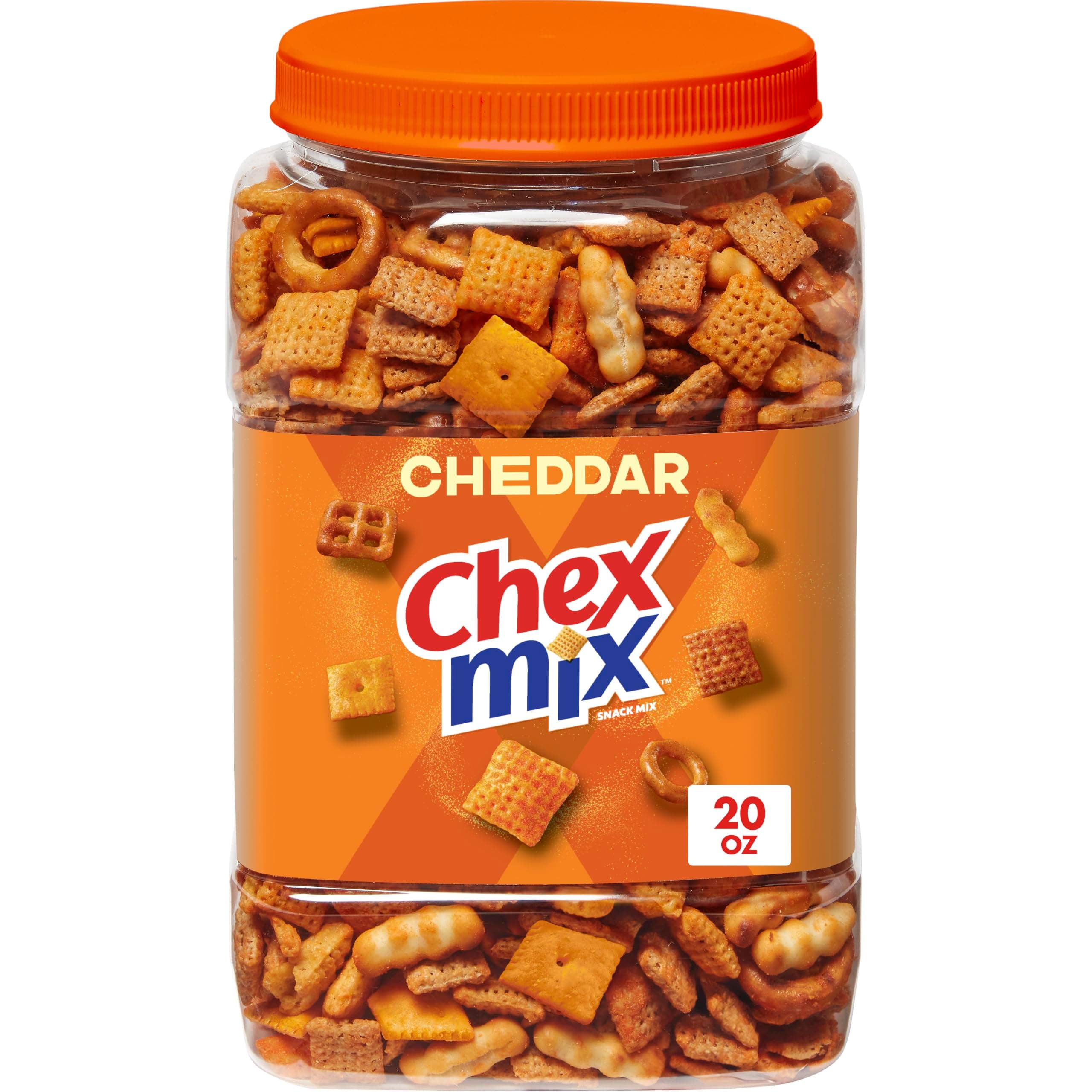 Chex Mix Cheddar Snack Mix, Resealable Tub, 20 oz | Corn & Wheat Chex, Pretzels, Cheese Crackers, Mini Breadsticks, 50% Less Fat than Regular Potato Chips