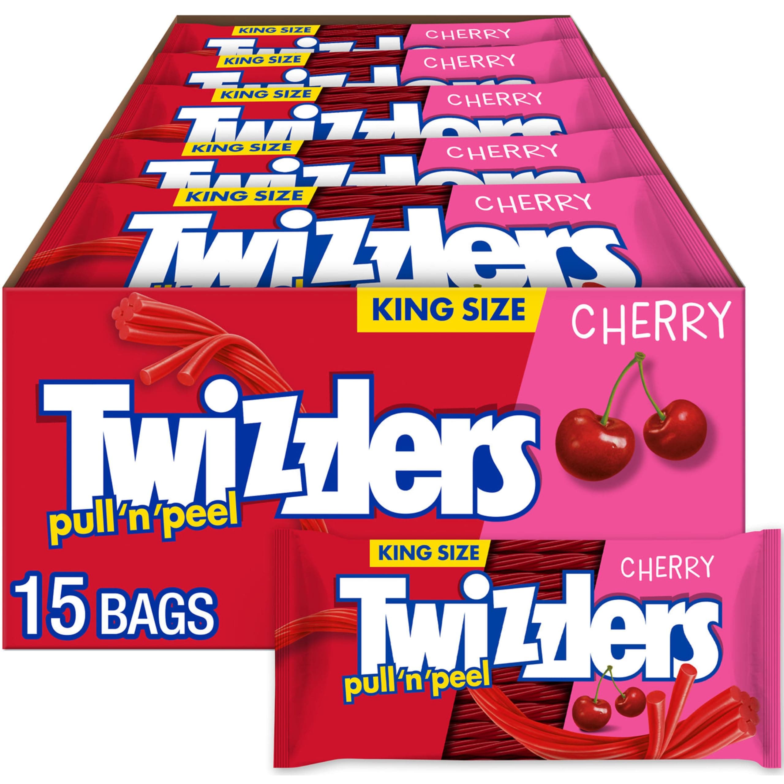 TWIZZLERS PULL 'N' PEEL Cherry King Size Chewy Candy Packs, 4.2 oz, 15 Ct | Cherry flavored licorice style candy packs for movie nights, lunch boxes, parties and snacking.