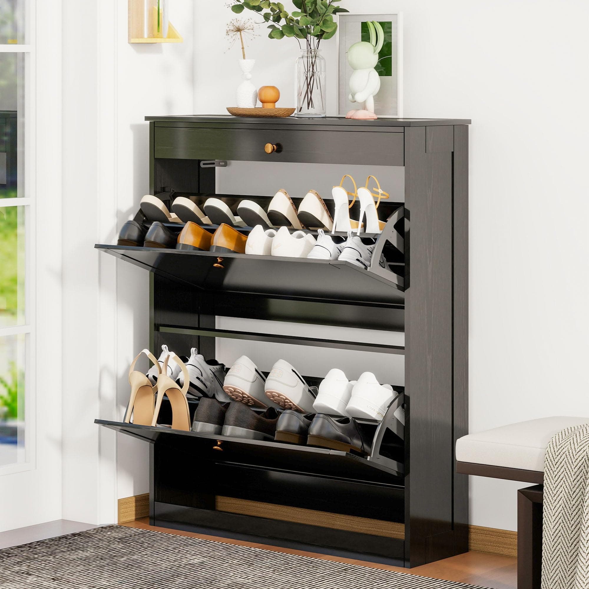 Wood Shoe Storage Cabinet, Hidden Shoe Rack Cabinet with 2 Flip Drawers | Space-Saving Shoe Storage Organizer, Ultra Slim Narrow Shoe Dresser Open Compartment, for Entry, Hallway, Living Room, Black