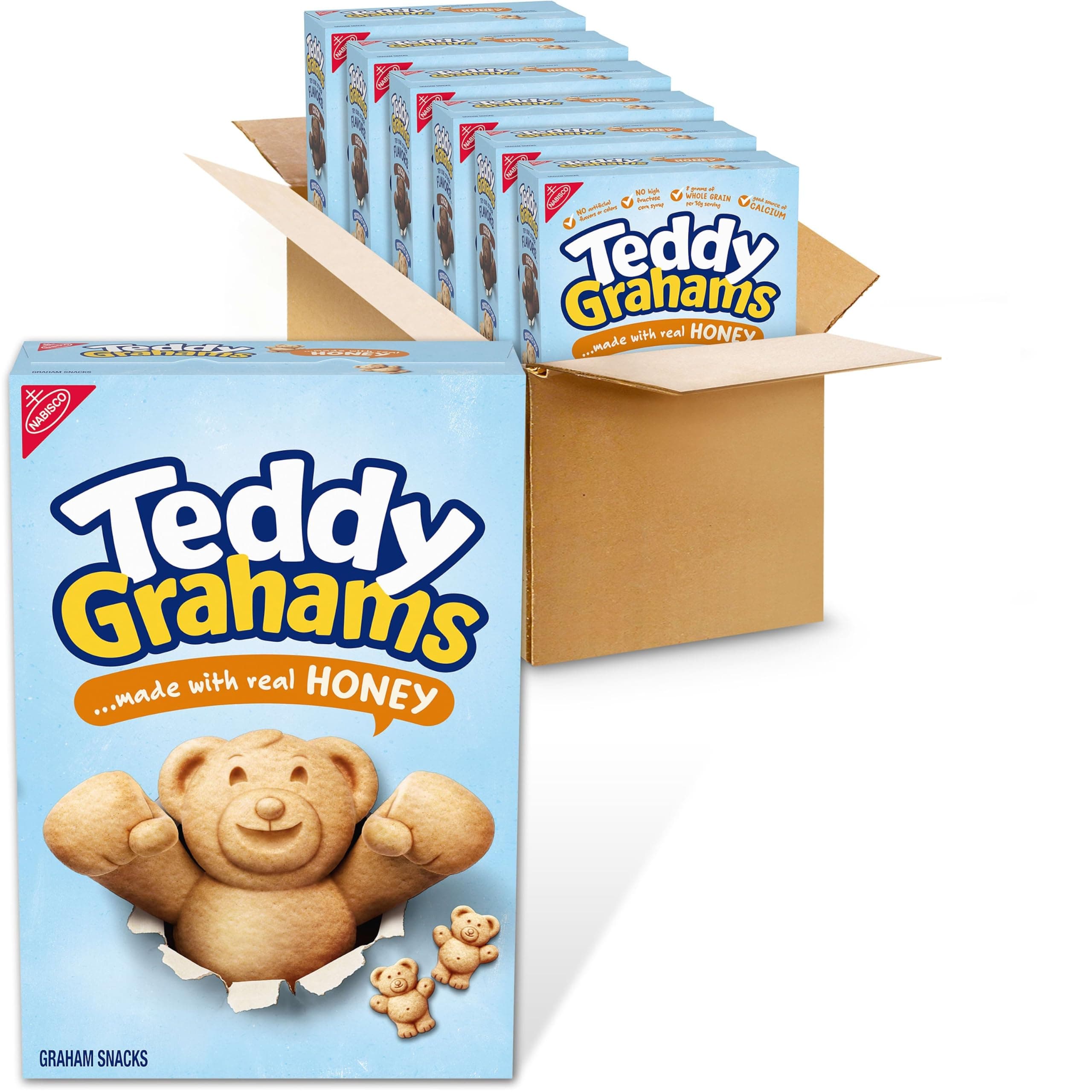 TEDDY GRAHAMS Honey Graham Snacks, Bulk Kids Snacks, 6 Boxes | Good Source of Calcium, 8g of Whole Grain Per 30g Serving, No High Fructose Corn Syrup, Artificial Flavor or Colors
