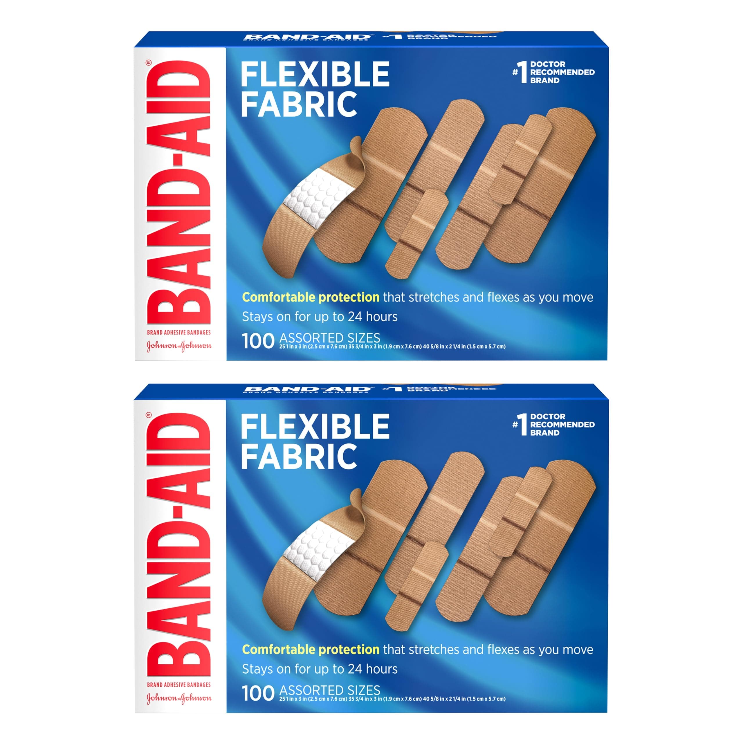 BAND-AID Brand Flexible Fabric Adhesive Bandages, Assorted, 2 x 100 Count | Comfortable Protection, Sterile Wound Care for Minor Cuts, Scrapes & Burns, First Aid Kit Essential, Non-Stick Hurt-Free Pad