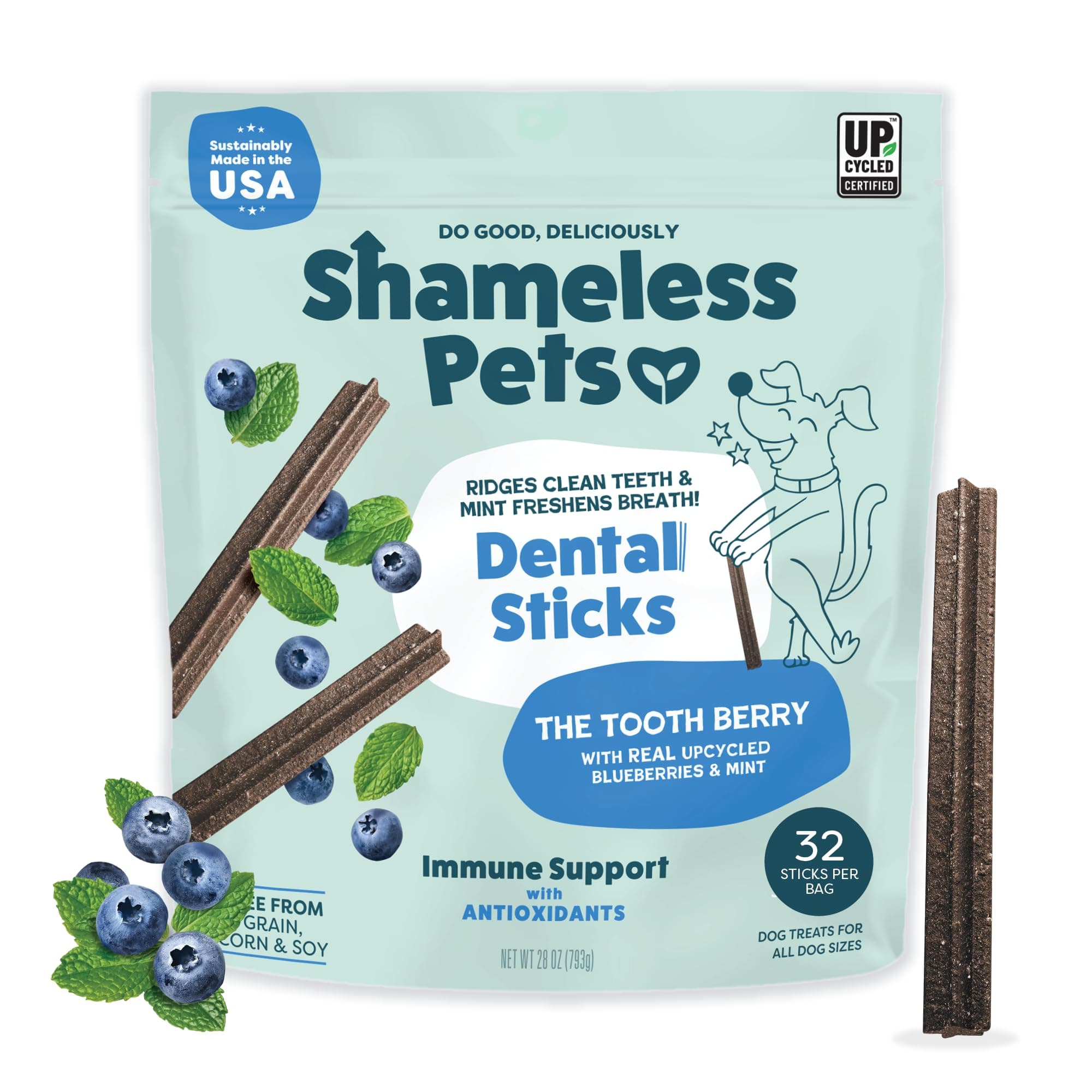 Shameless Pets Blueberry & Mint Dental Chews for Dogs, 32 Chews - Natural Dog Teeth Cleaning Treats with Fresh Breath Benefits | Grain-Free Dental Sticks for Small, Medium & Large Dogs