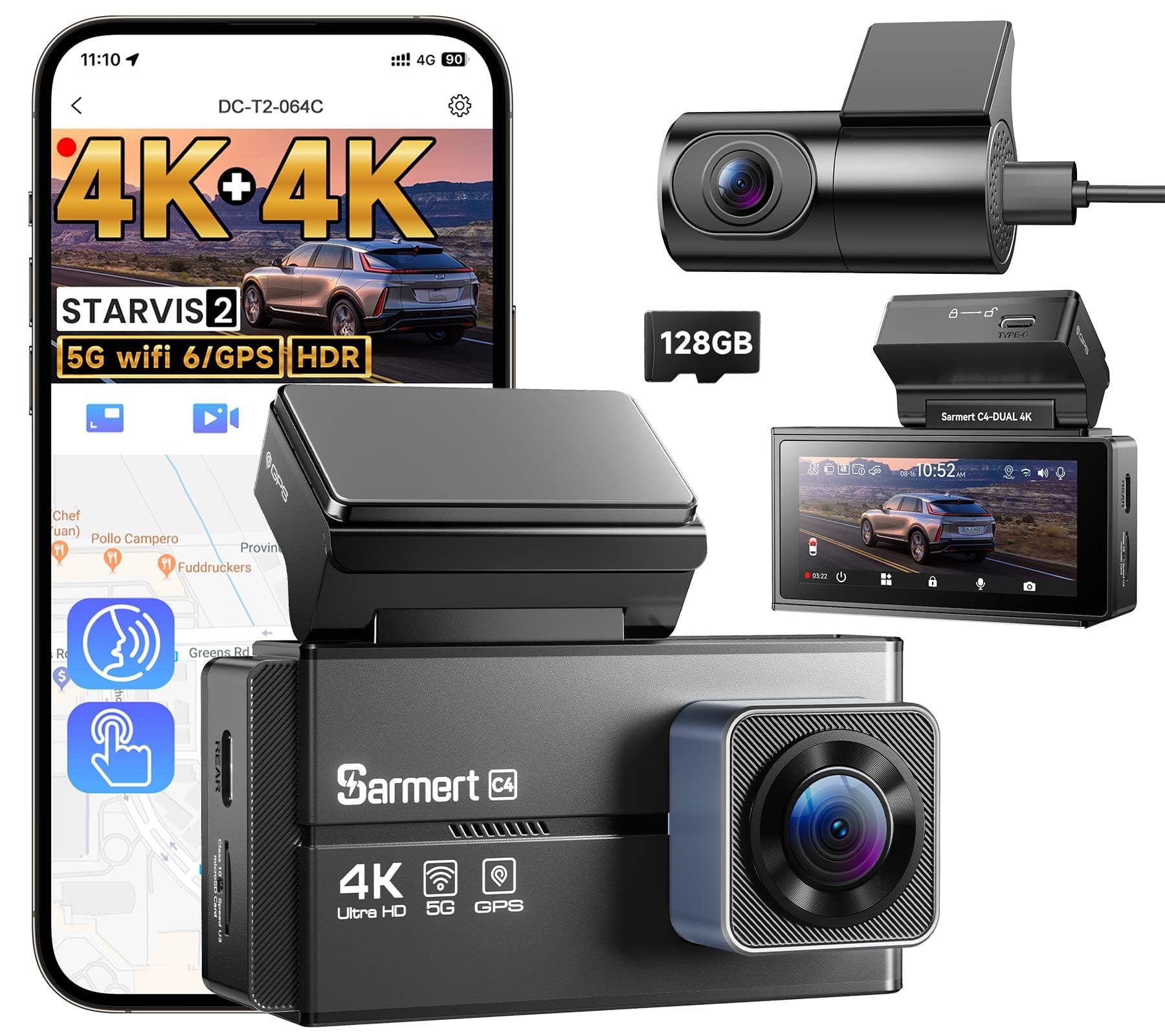 Dash Cam Front and Rear - Sarmert C4 Dual 4K Built-in GPS and 5G WiFi, Free 128GB Card Included, HDR Night Vision, WDR, 4K UHD Dash Camera for Cars, App, 24H Parking Mode