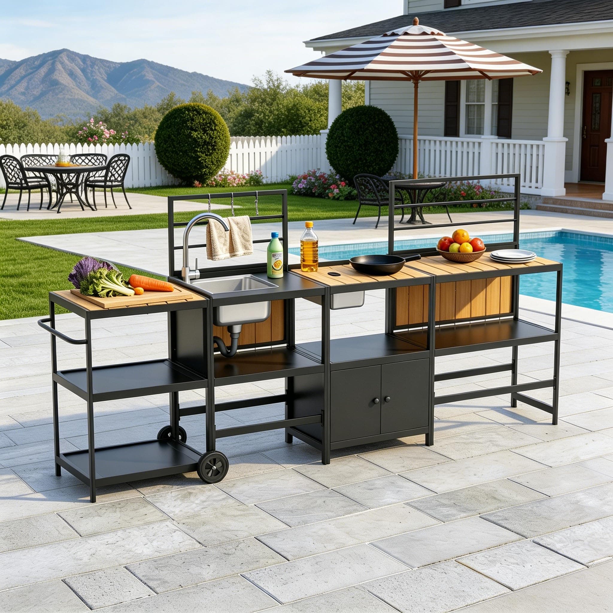 LEVELEVE Modular Outdoor Kitchen Island 4-Piece Set, Aluminum Outdoor Kitchen Cabinets Prep Station with Sink, Built-in Storage & Shelves for Patio, Backyard & Deck