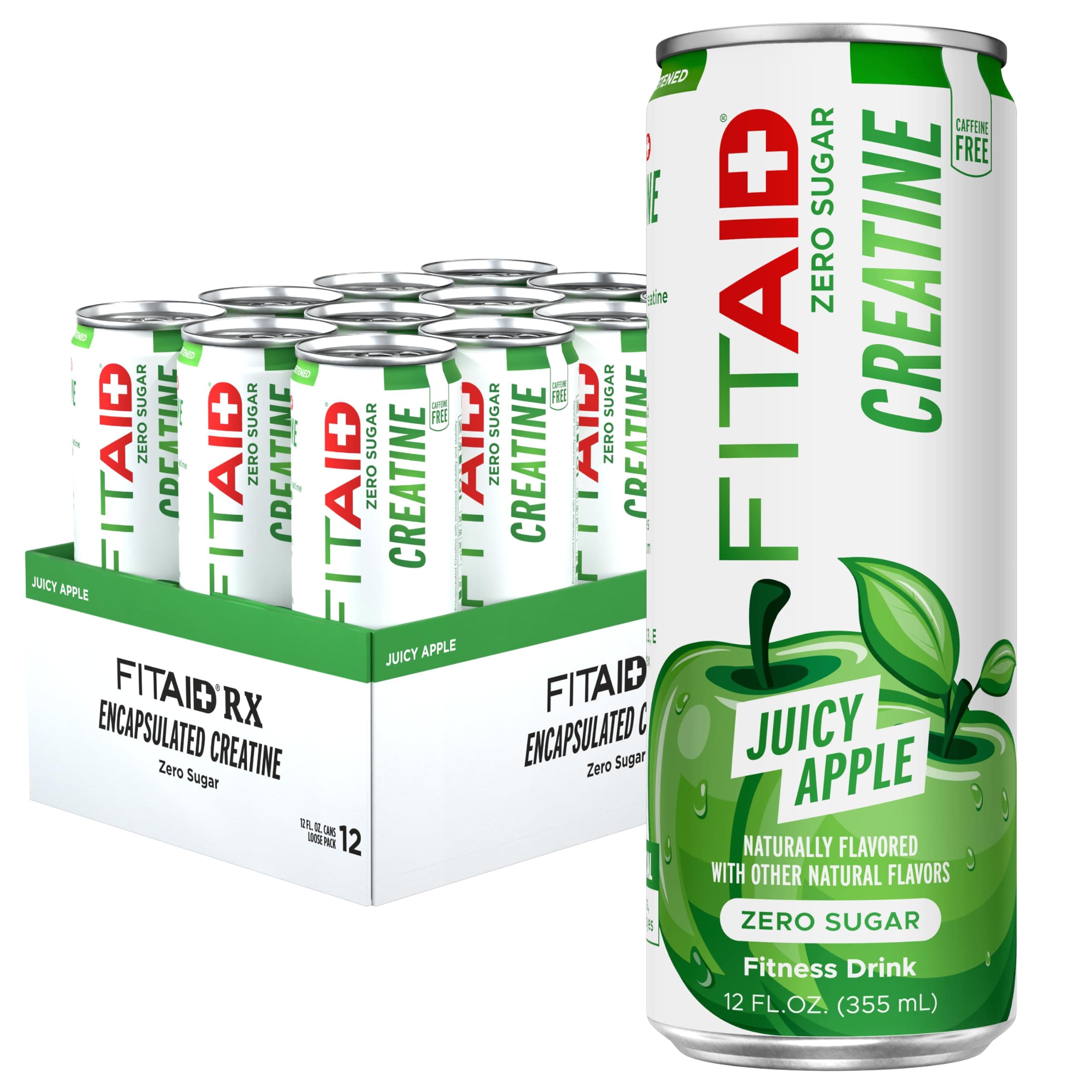 LifeAID FITAID Creatine Recovery Drink, Zero Sugar, Juicy Apple (12-Pack) | All-in-one zero sugar recovery blend with Encapsulated Creatine, BCAAs, Glucosamine, Turmeric, and B-Complex in Juicy Apple.
