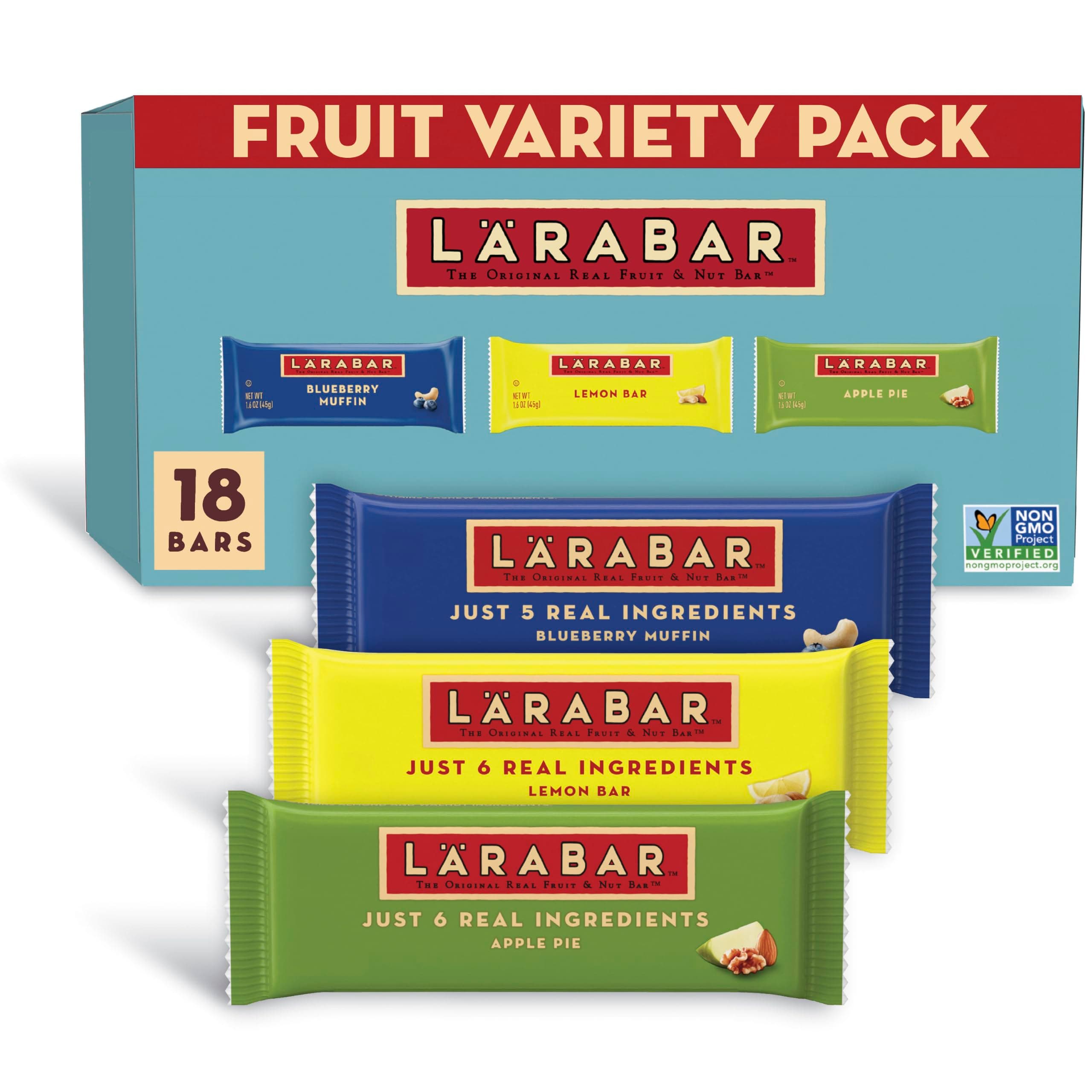Larabar Variety Pack, Fruit & Nut Bars, 18 ct, 28.8 oz | Includes Blueberry Muffin, Lemon Bar & Apple Pie, 6 Bars Each, Plant Based, Dairy Free, Non-GMO Project Verified