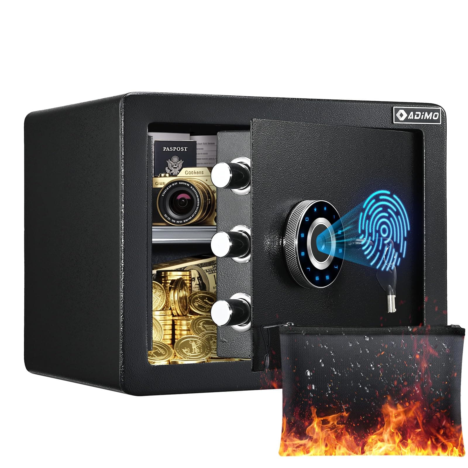 ADIMO Biometric Safe, 1.2 CuFt Fingerprint Home Safe with Touchscreen Keypad, Removable Shelf, Alarm System, Alloy Steel Money Box for Documents, Jewelry & Valuables Home, Office, Hotel Use