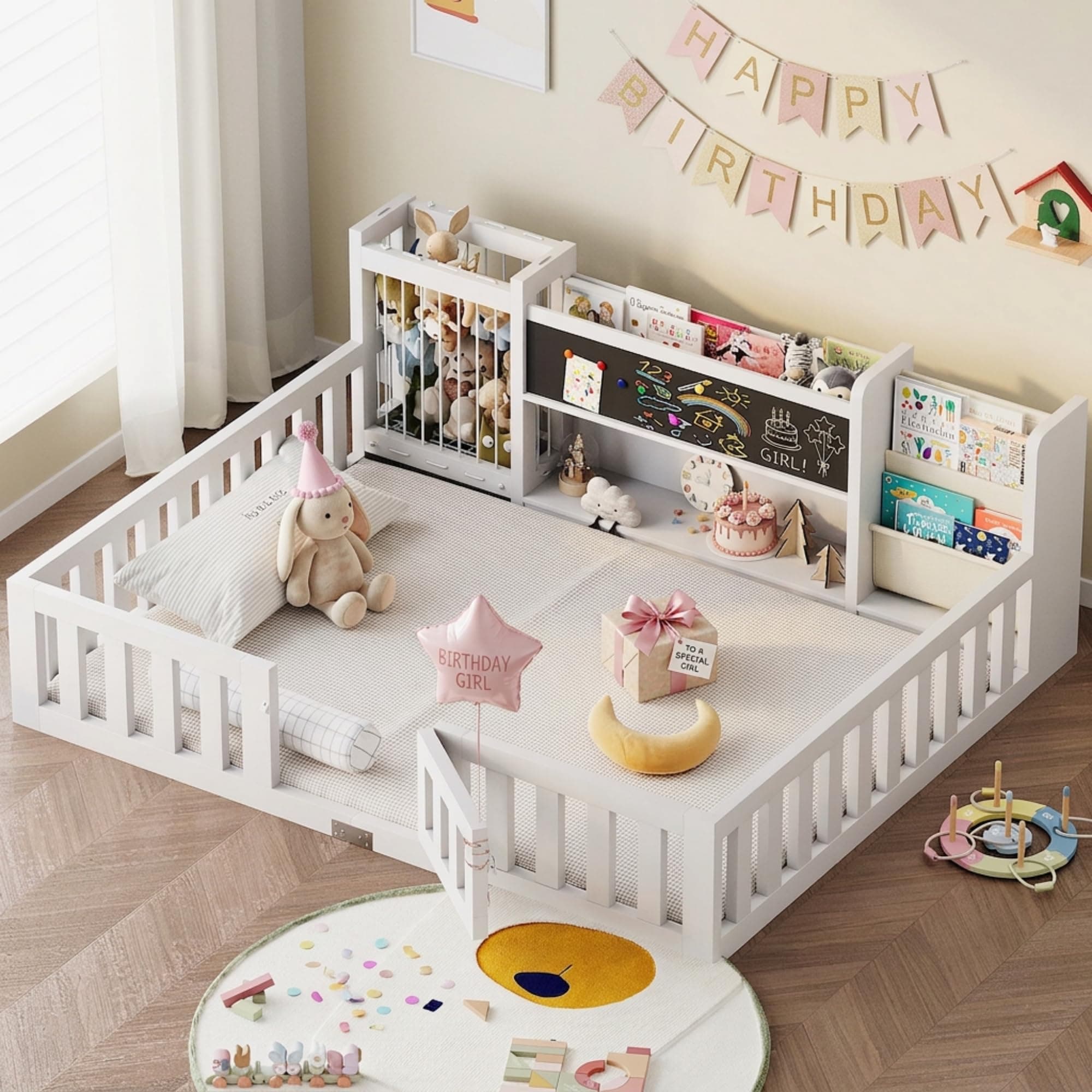 Montessori Wood Toddler Floor Bed with Blackboard & Bookshelf (White Full) | Safety Guard Rails, Bedside Bookshelf & Plush Toy Storage, Low Kids Bed Frame for Boys and Girls