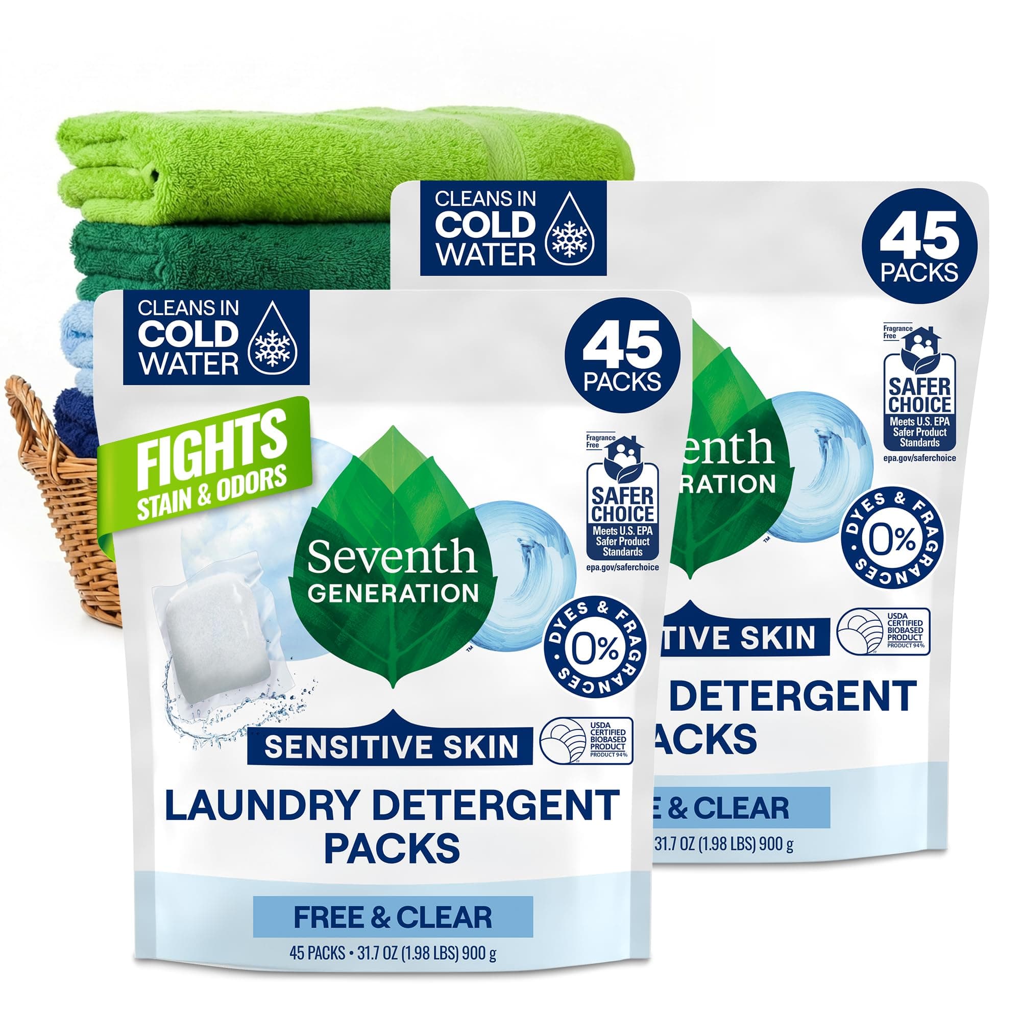 Seventh Generation Laundry Detergent Packs, Free & Clear, 45 Count, 2 Pack, Plant-Based Enzymes Lift Tough Stains, No Dyes or Fragrance, Sensitive Skin Formula, Works in All Machines, Hot & Cold Water