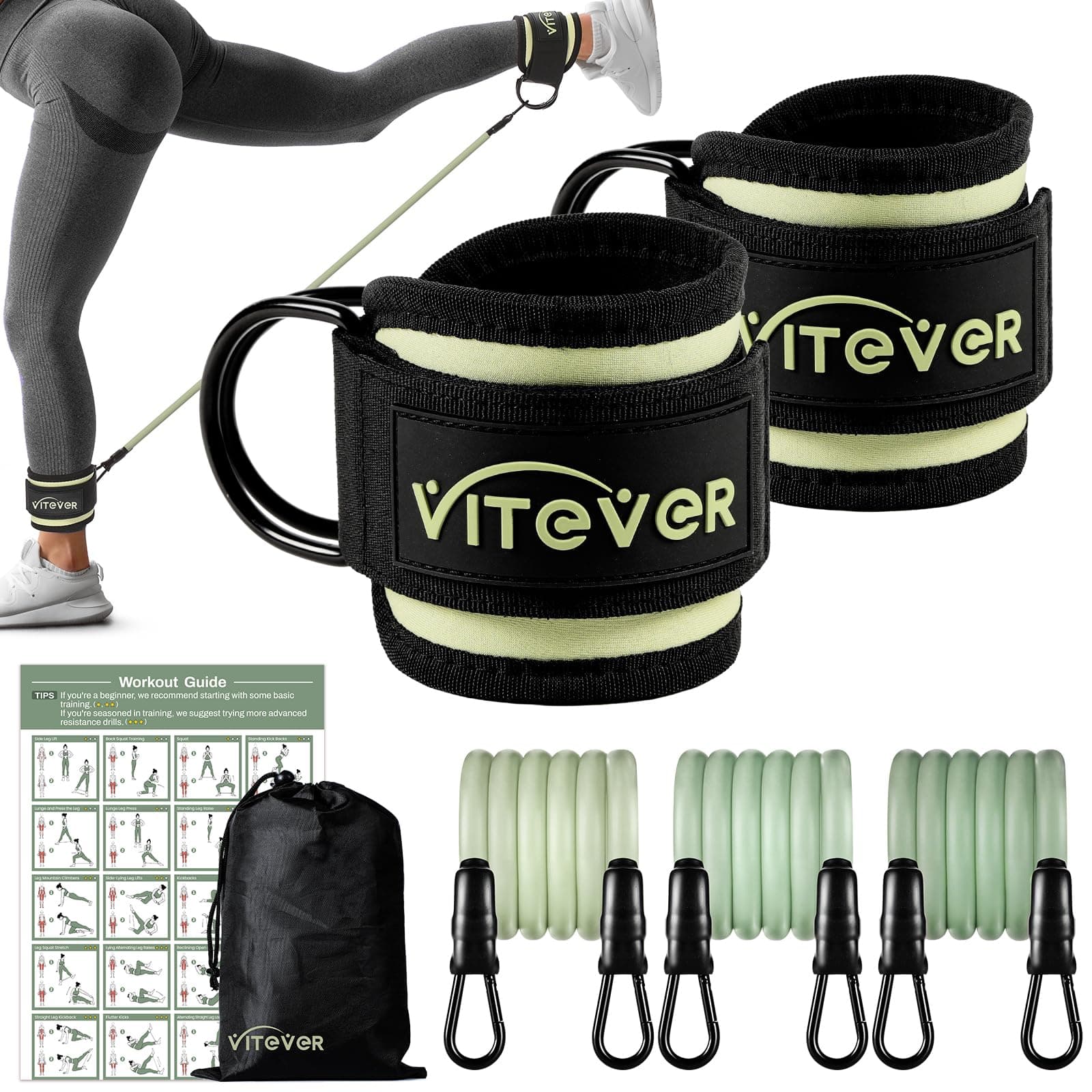 VITEVER Ankle Resistance Bands with Cuffs for Women, Leg Glute and Booty Workout Equipment for Home Gym, Pilates Equipment, Ankle Weights with Green Resistance Bands for Kickbacks Hip Fitness Training