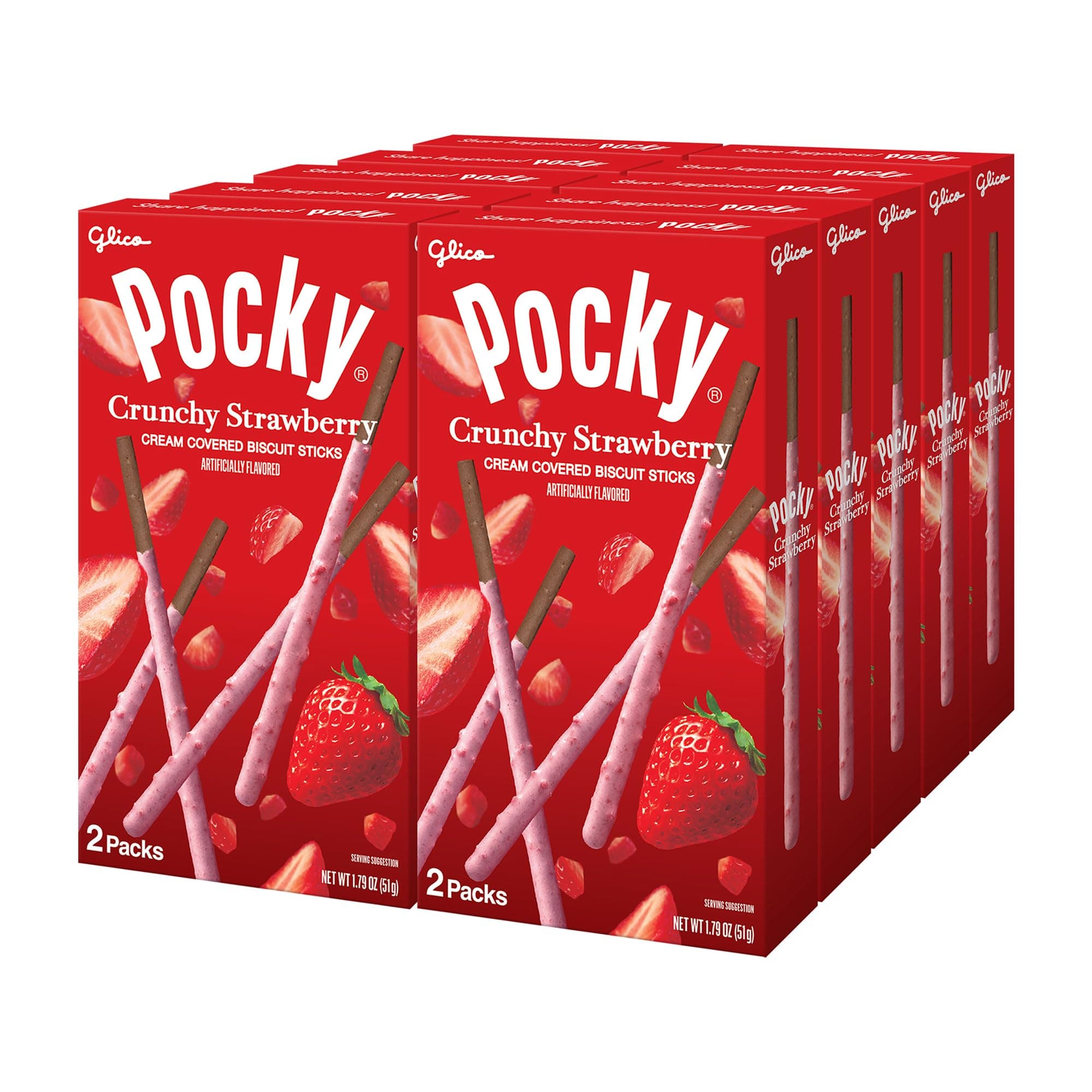 Glico Pocky Crunchy Strawberry | Strawberry Cream Covered Cocoa Biscuit Sticks with Real Strawberry Bits – Regular (10 Boxes, 2 Small Pouches Each)