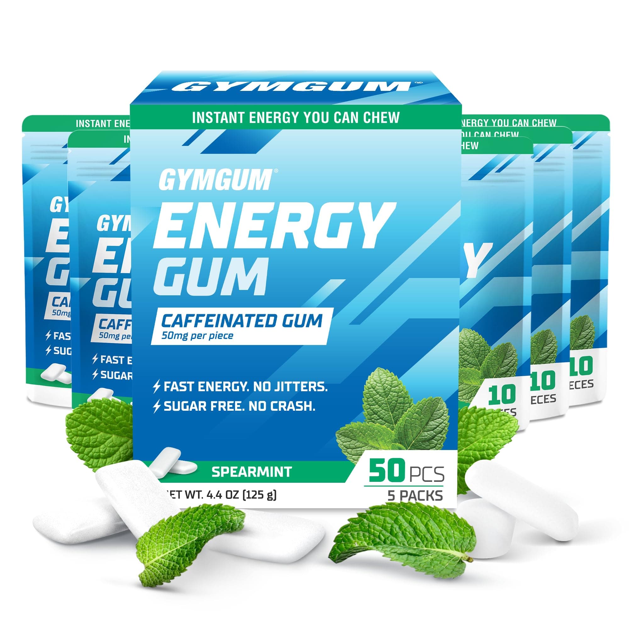 GYMGUM Caffeine Energy Gum, 50mg Caffeine & L-Theanine, Spearmint 50 Ct | Fast-acting sugar-free gum with natural caffeine for energy & focus. Ideal for workouts, work, commutes & afternoon slumps.