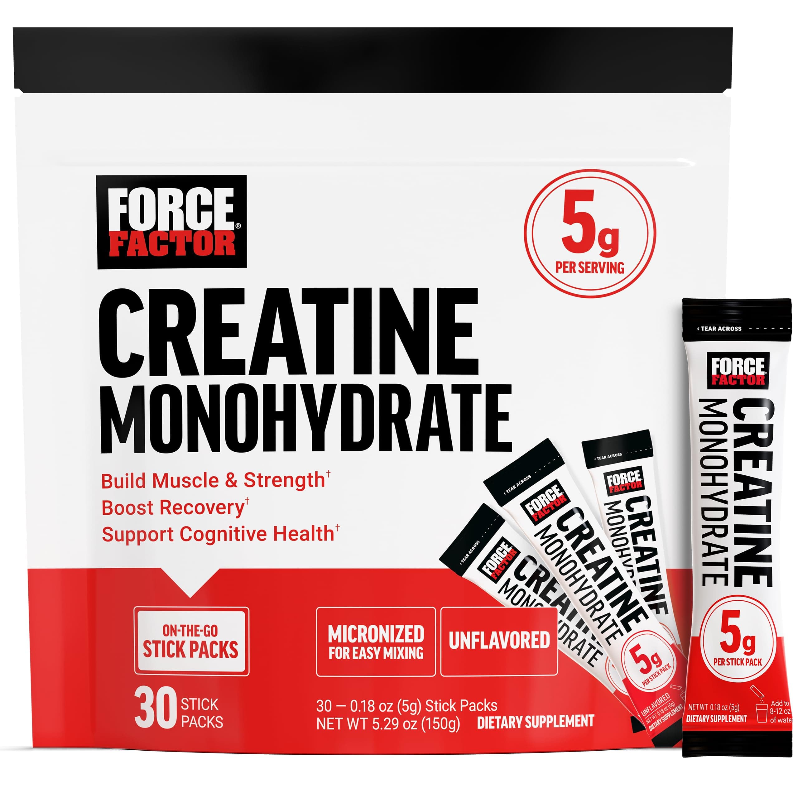 Force Factor Creatine Monohydrate Stick Packs, 5g Dose, Micronized | Creatine for Muscle Strength, Recovery & Cognitive Support, On-the-Go Single-Serve Travel Packs, Unflavored, 30 Packets