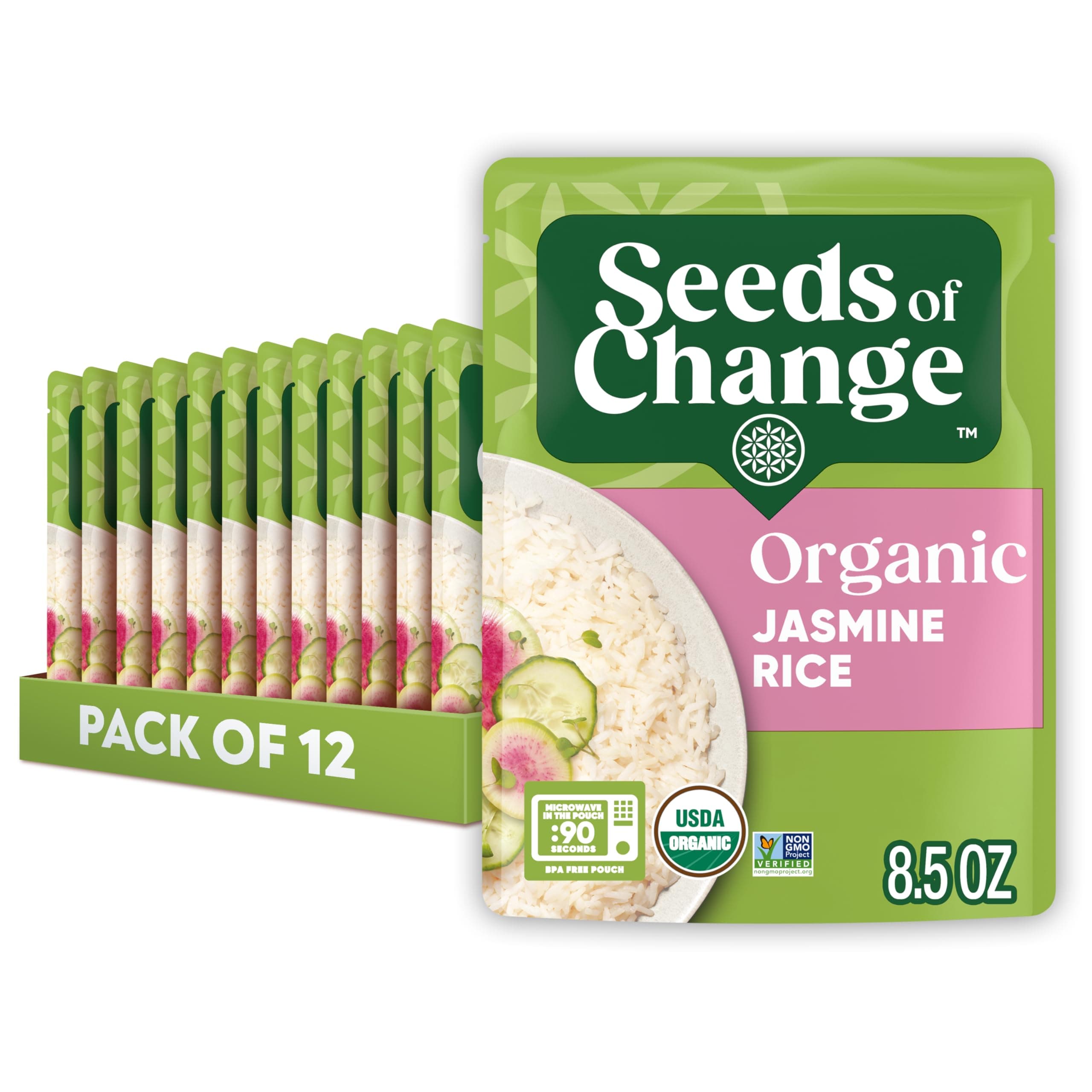 SEEDS OF CHANGE Organic Jasmine Microwave Rice, 8.5 oz (12 Pack) | Organic Aromatic Jasmine Microwave Rice, Ready in 90 Seconds for Stir-Fries, Rice Bowls or Southeast Asian-Inspired Meals