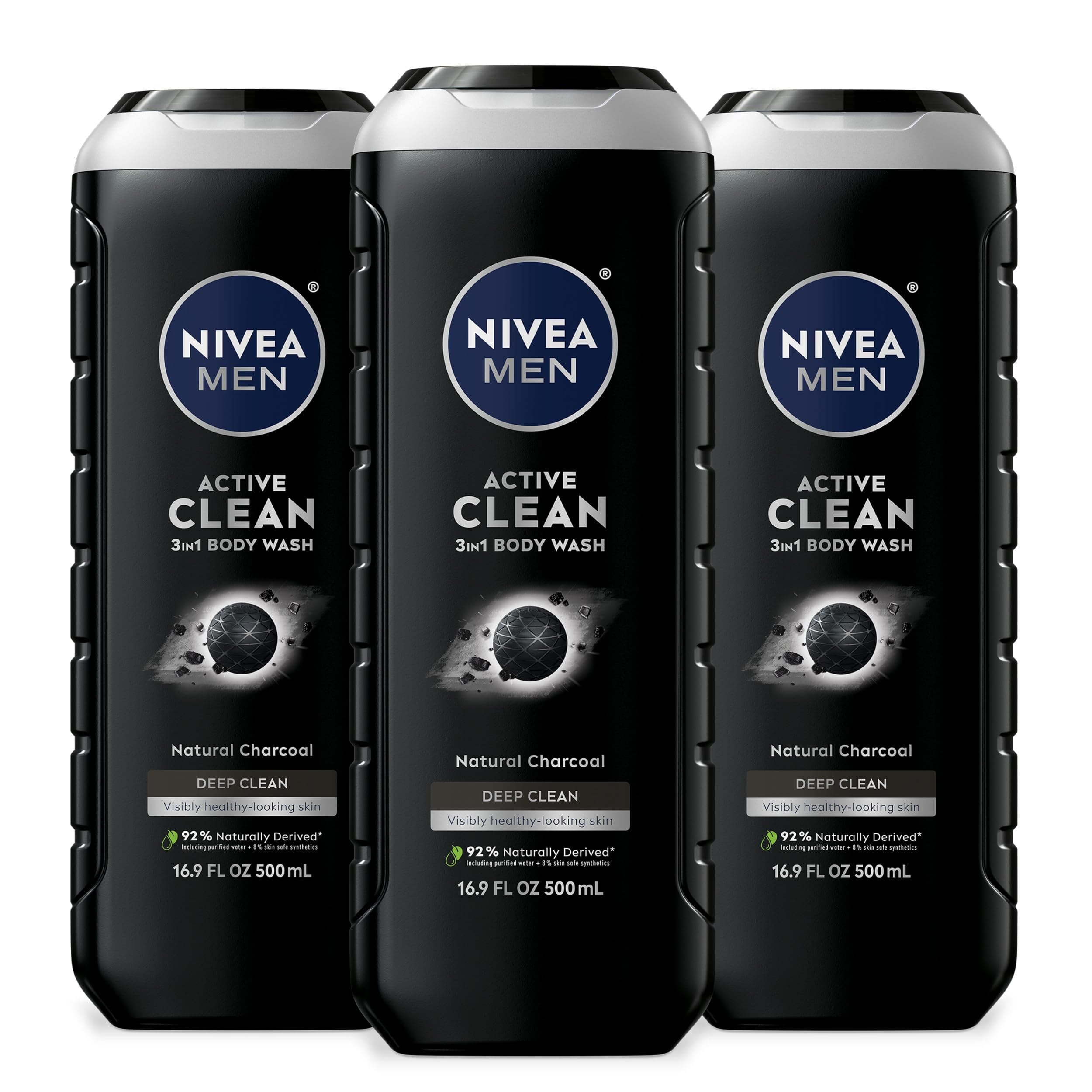 NIVEA MEN Active Clean 3-in-1 Body Wash, Mulitpack, 3 x 16.9 FL OZ | Natural Charcoal, 3-in-1 Face, Hair and Body Wash for Men with Normal to Oily Skin, Draws Out Dirt and Impurities
