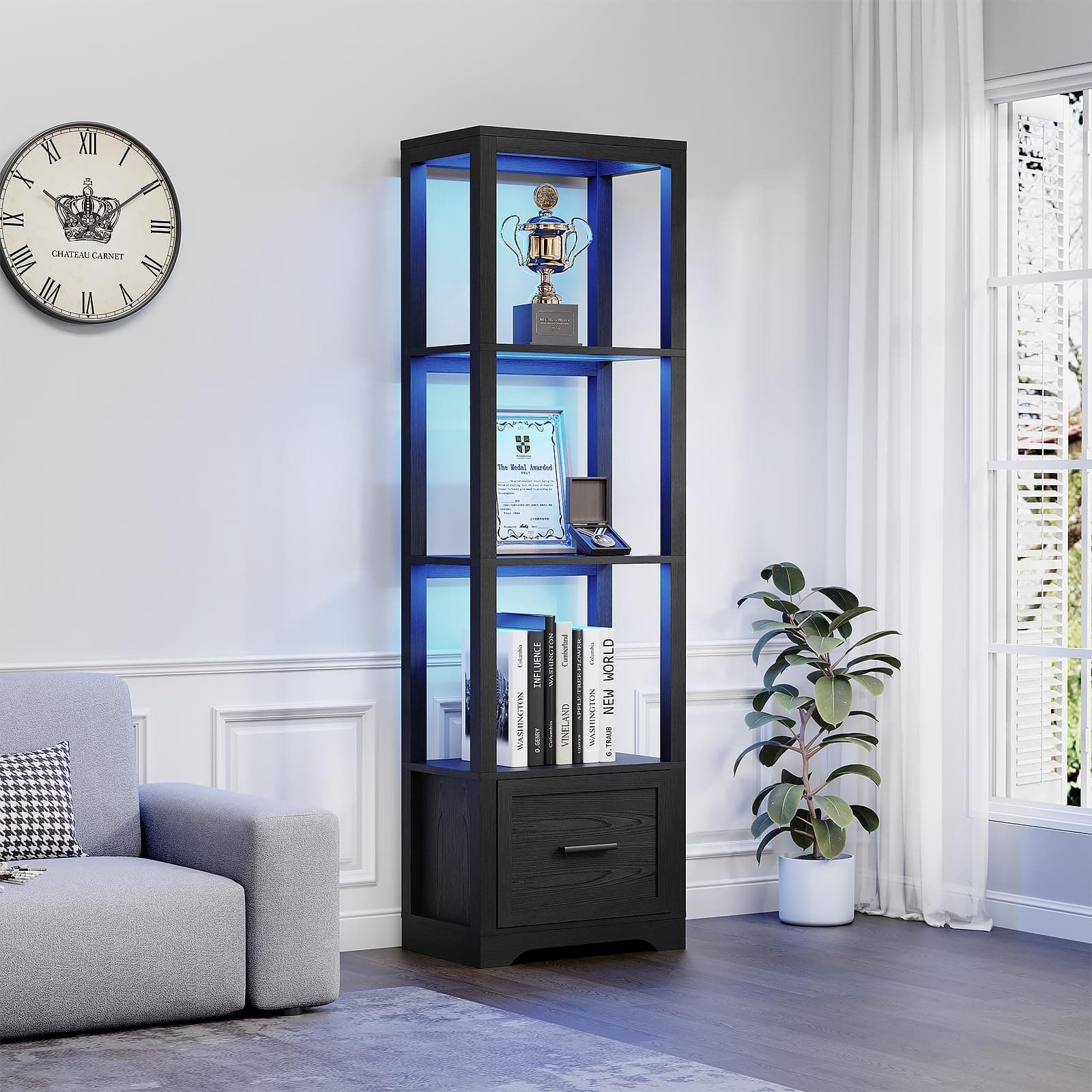 BROTTAR Display Shelf with 3 Color Light, Black | Bookshelf with Drawer, Dimmable Display Cabinet for Collectibles, Bookcase, Display Case for Books, Trophies, Toys