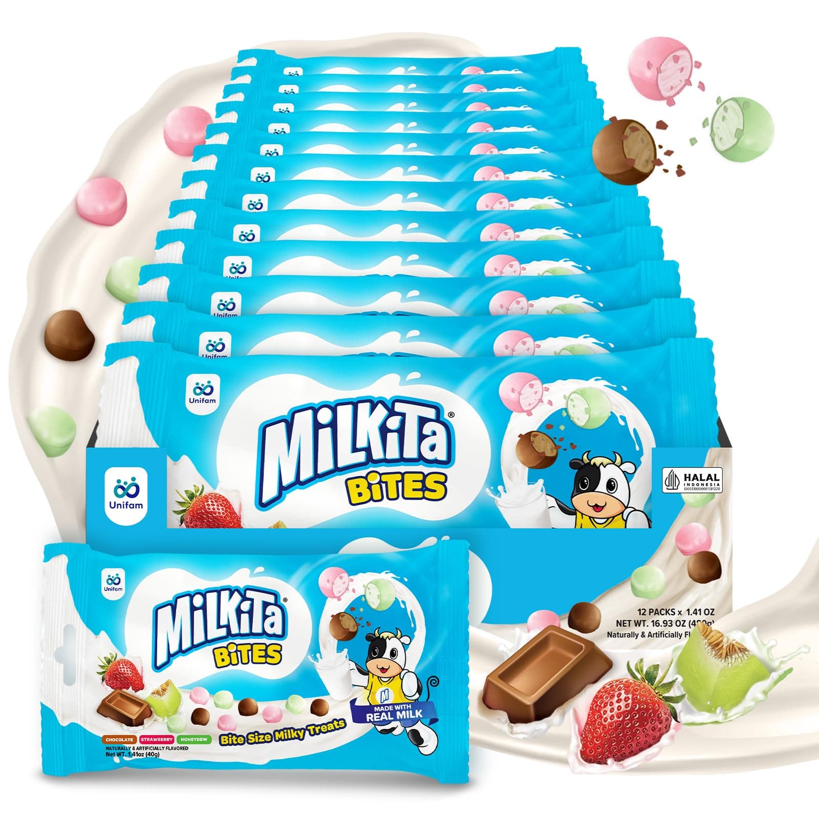 Milkita Bites Milk Candy – Gluten Free Candy (12 Pack) | Bite-Size, Candy with Calcium for On-The-Go – Healthy Halloween Snacks w/Real Milk – Chocolate, Strawberry & Honeydew