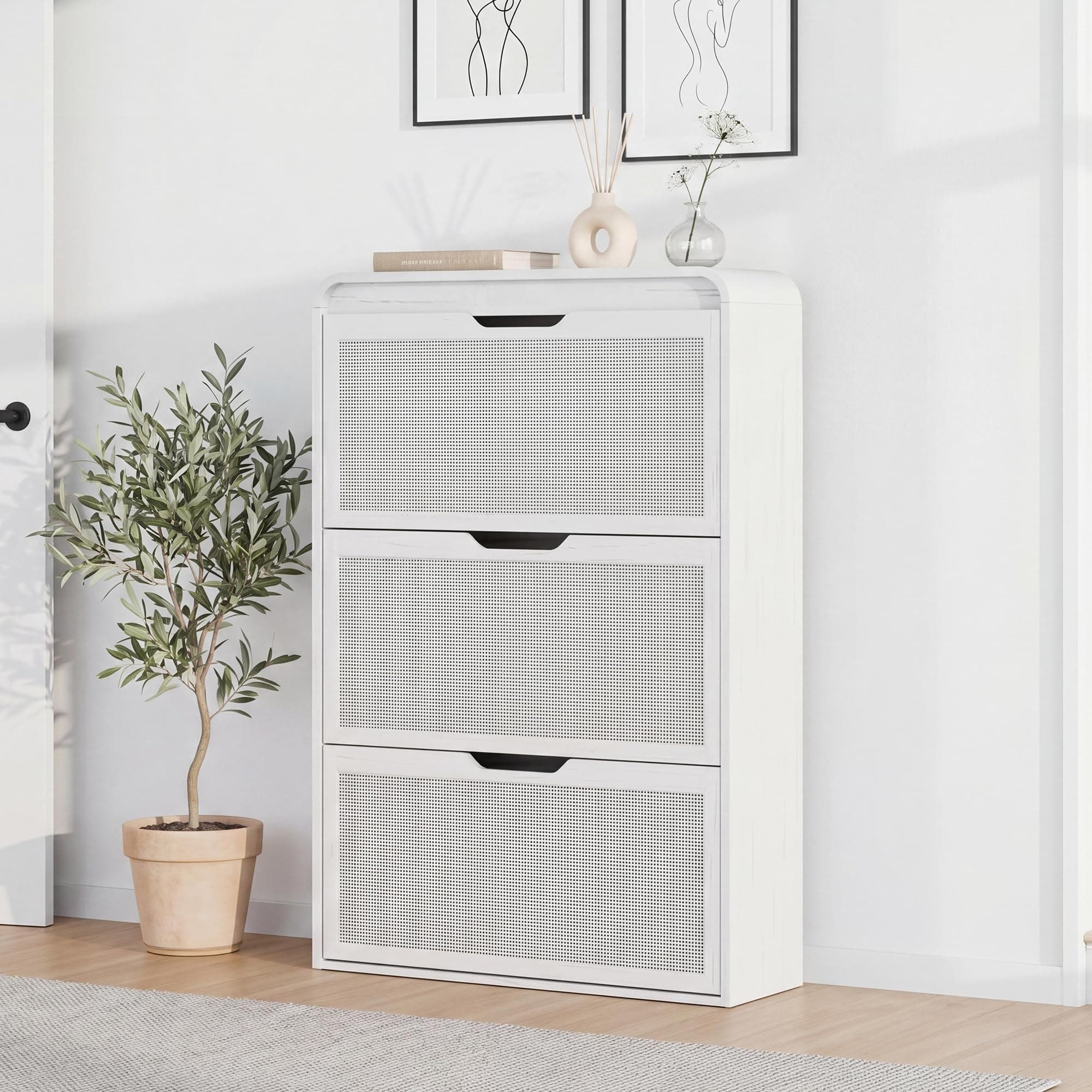 Garvee Rattan Shoe Cabinet with 3 Flip Drawers, Round Corner Shoe Storage | Narrow Shoe Storage Organizer with Adjustable Shelves, Wood Boho Entryway Cabinet for Hallway, Dorm, Antique White