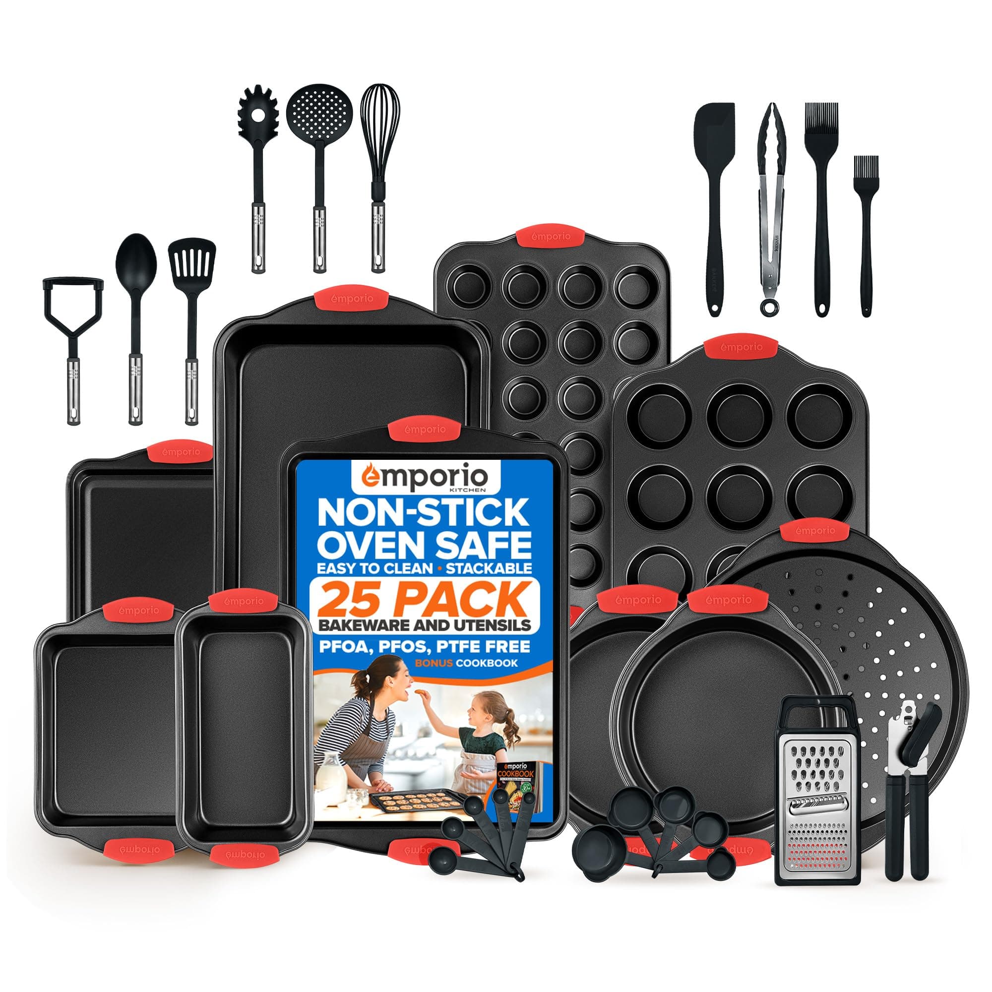 Emporio Kitchen Baking Pan Set - Nonstick Coating, Carbon Steel Bakeware Set with Red Silicone Handles, PFOA, PFOS, PTFE Free, Recipe Booklet Included, Oven Safe Tray (Up To 450° F), Set of 25 - Black