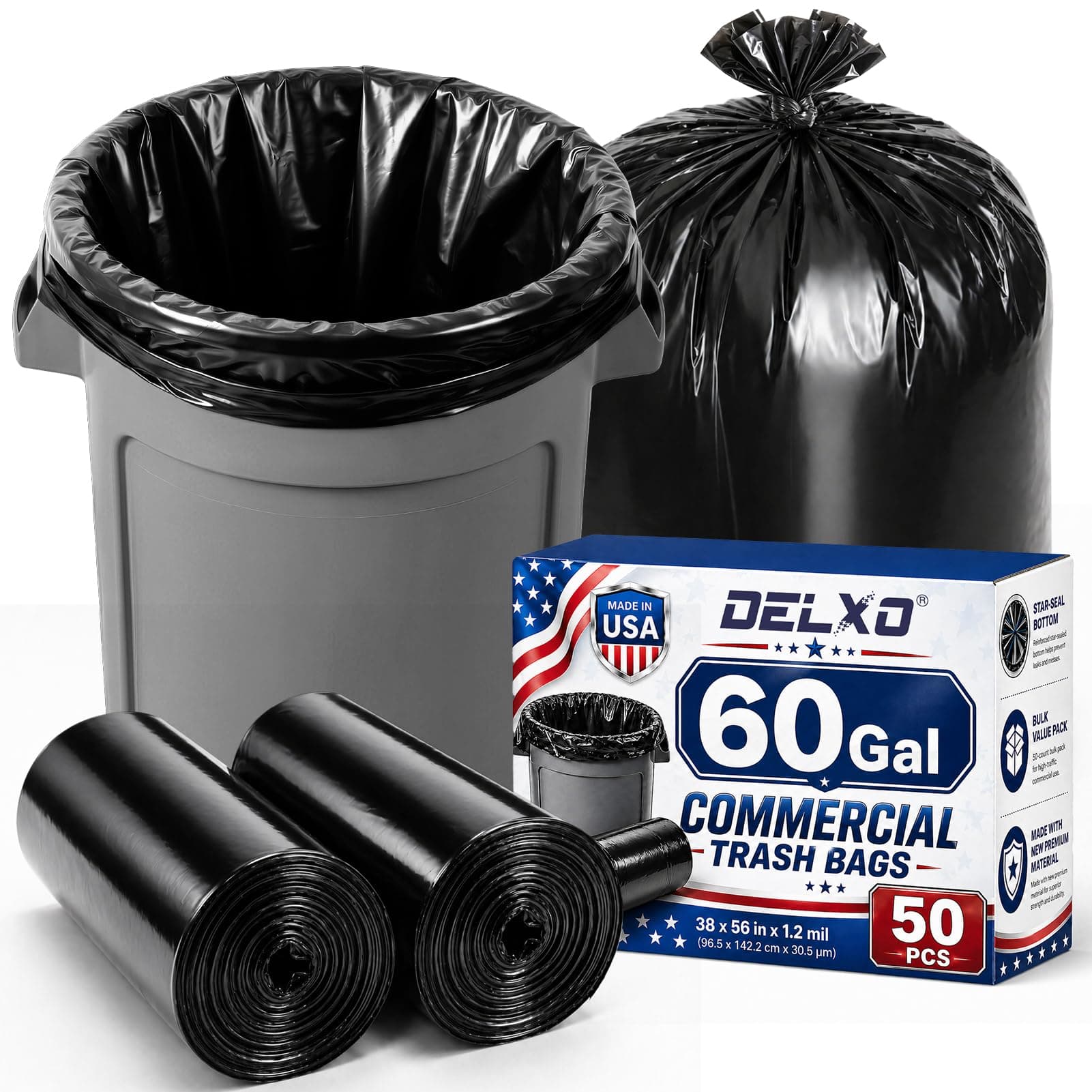 Delxo 55-60 Gallon Trash Bags, 50 Count, 38” x 56” Heavy Duty Garbage Bags | 1.2 Mil Black Large Plastic Trash Bags, Trash Can Liners for Commercial, Foodservice, Events & Home, Made in USA