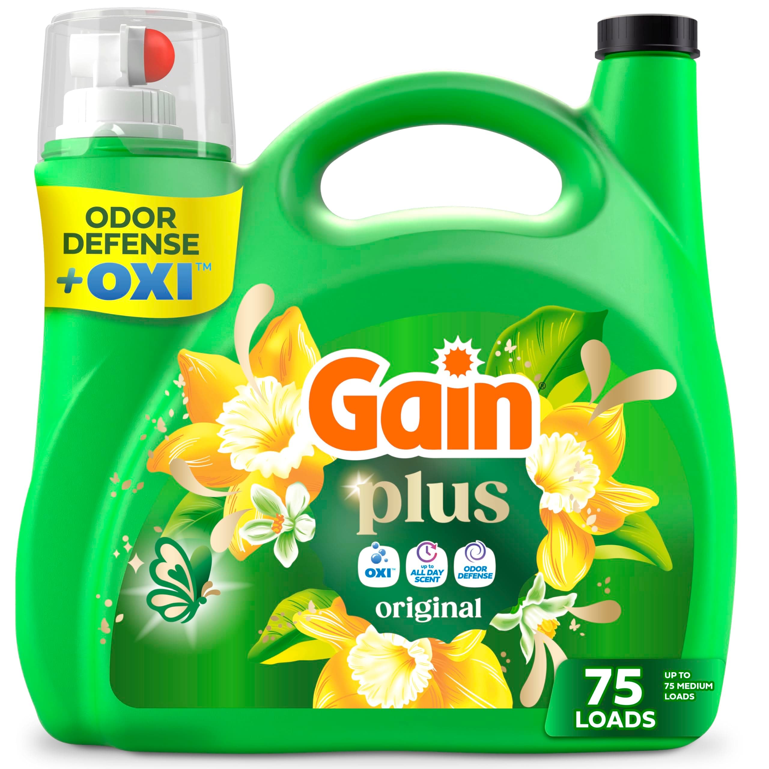 Gain Plus Liquid Laundry Detergent, Cleaner, Fresher, Now with Oxi, Original Scent, 99 fl oz, 75 Loads