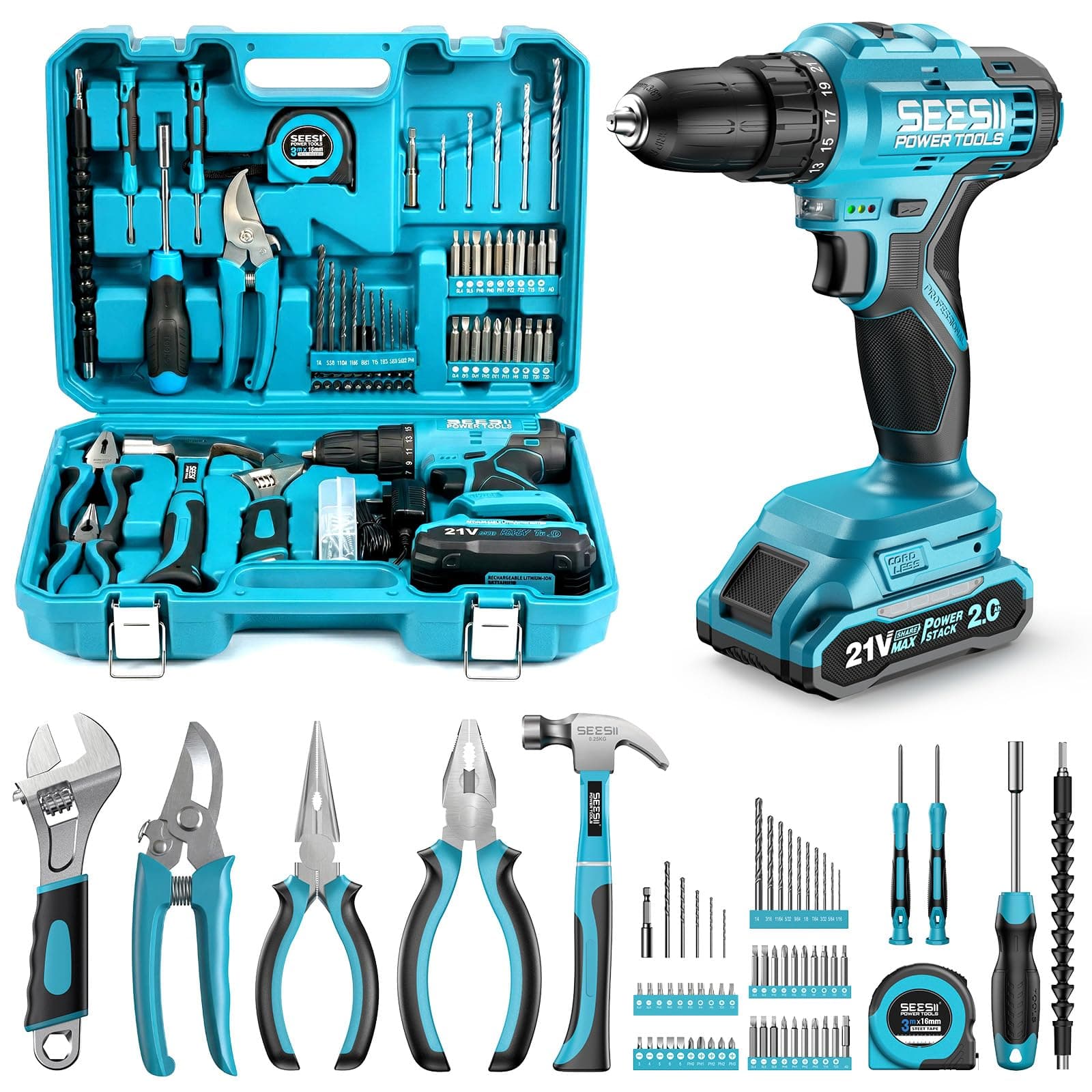 Seesii 21V Power Drill Set, 190Pcs Tool Kit with Toolbox for Home DIY | 40Nm Torque, 2.0Ah Battery, 25+1 2-Speed Clutch, CR-V Hand Tools, Flexible Shaft, LED, for Home Repair & Furniture Assembly