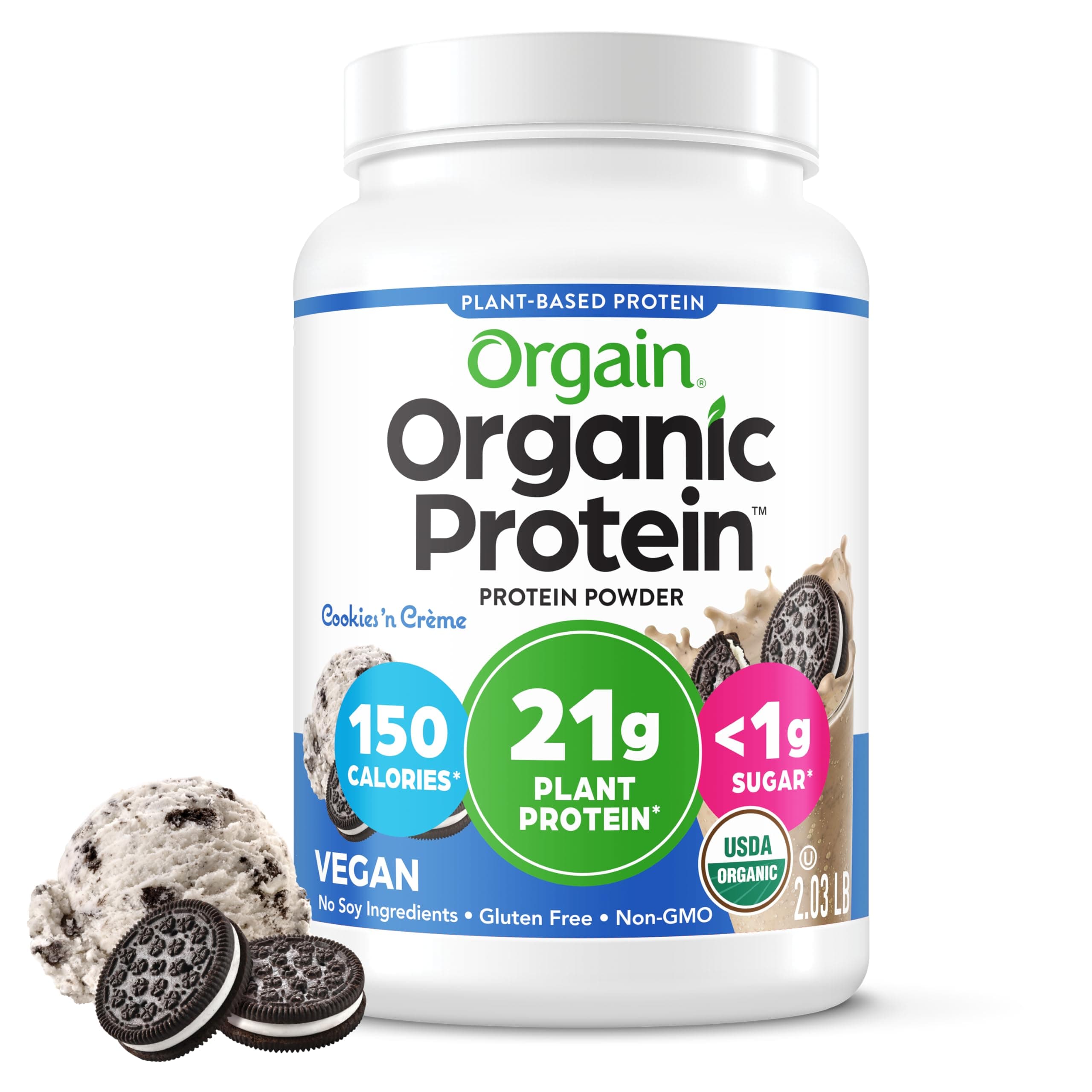 Orgain Organic Vegan 21g Protein Powder, Cookies & Cream, 2.03 lb | Plant based protein, 7g prebiotic fiber, low net carb, no added sugar or lactose ingredients, non-GMO, for shakes & smoothies