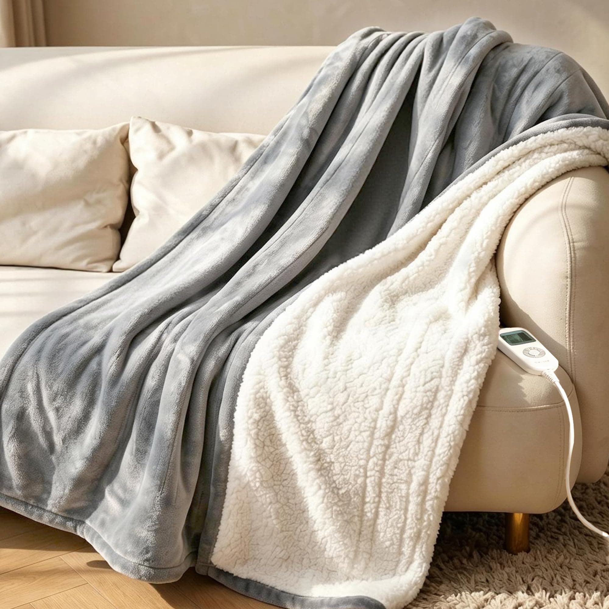 RAINOVA Heated Blanket Electric Throw, Gray, 50''x60'' | Soft Heating Blanket, 10-Level Heating, 10-Hour Auto-off, ETL & FCC Certified