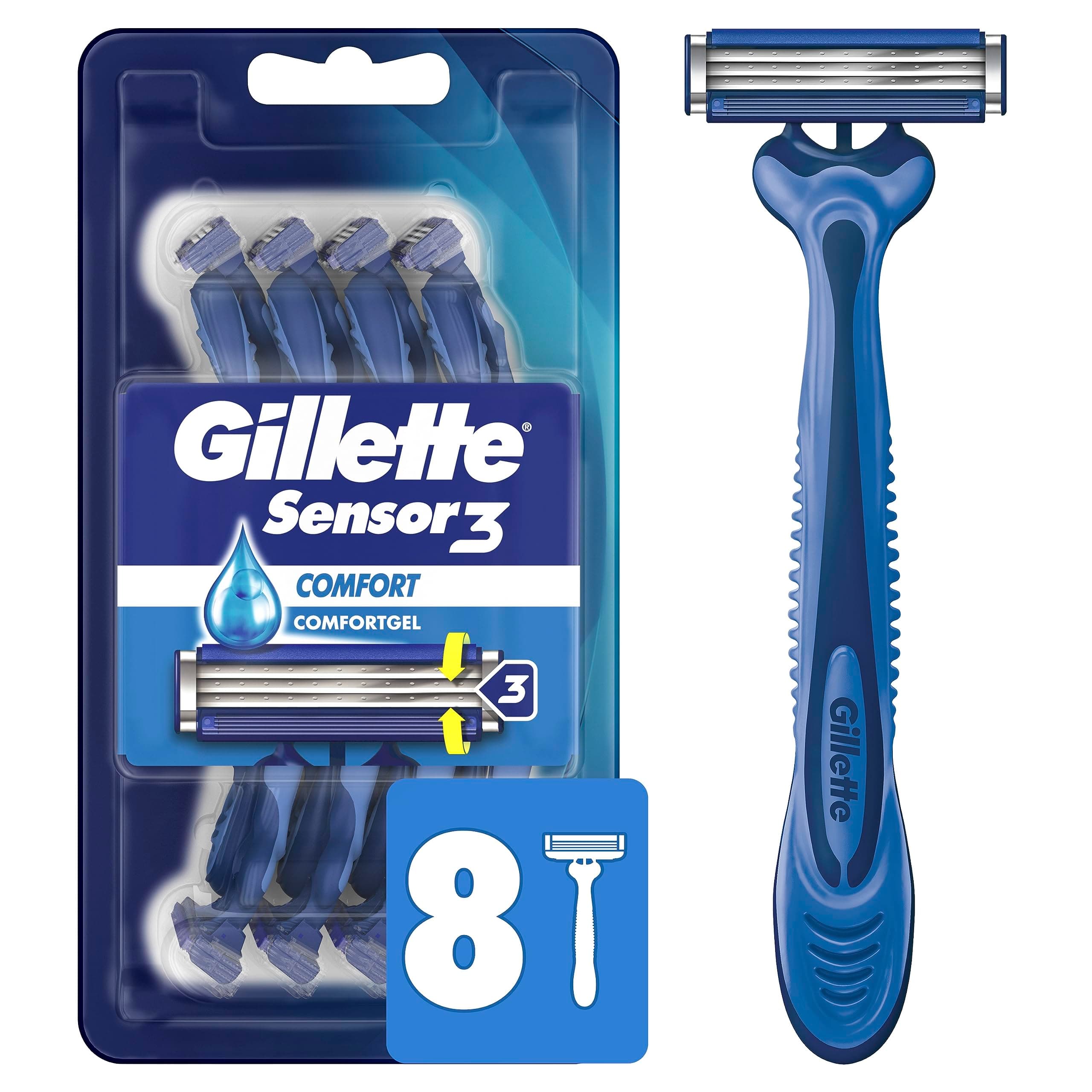 Gillette Sensor3 Comfort Disposable Razors for Men, 8 Count, Lubrastrip Glides Easily Over Your Skin (Pack of 4)