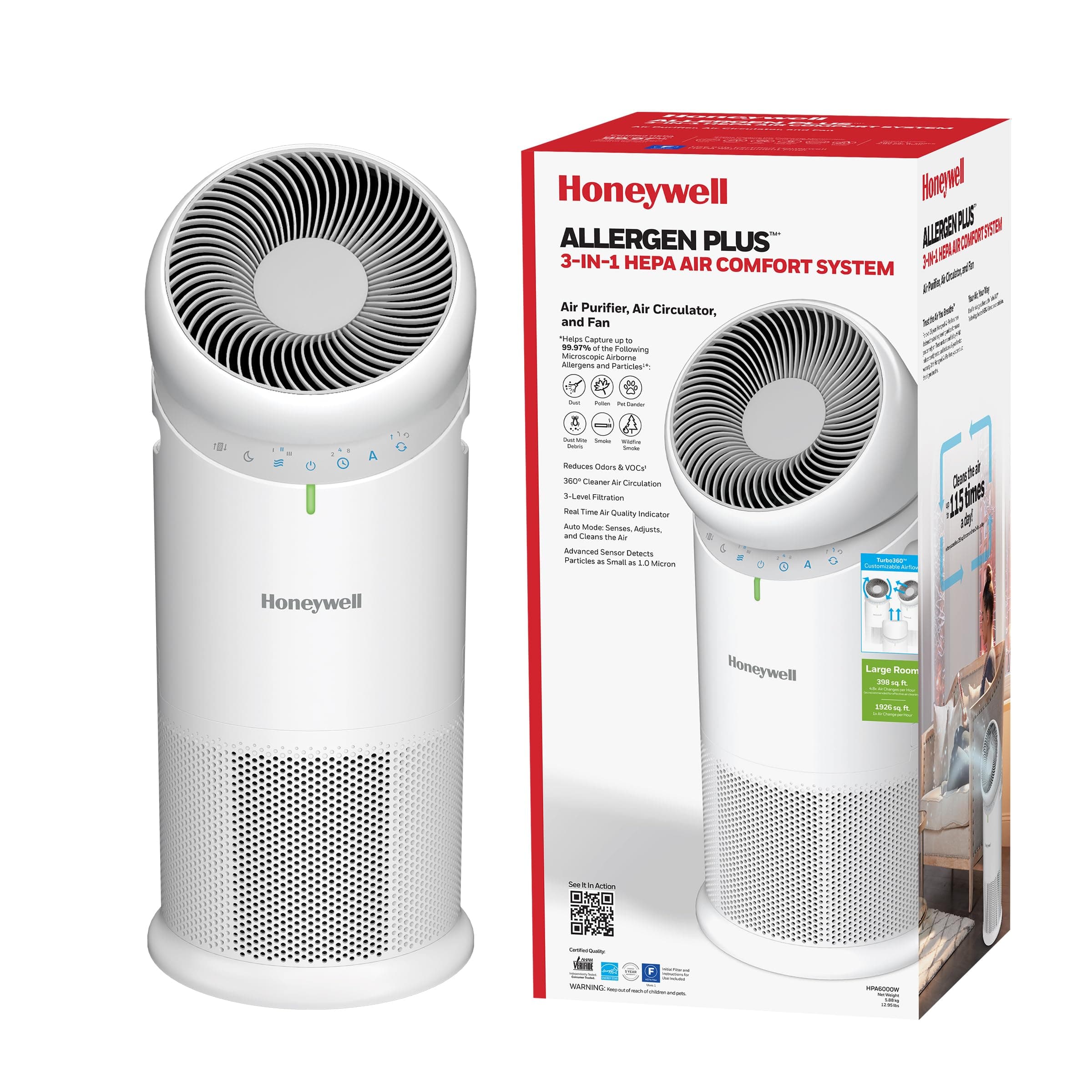 Honeywell Allergen Plus™ 3-in-1 HEPA Air Purifier Fan & Air Circulator | Air purification for large rooms, air purifier fan combo, fan for bedroom, 1928 sq ft in 1 hr, air quality sensor, sleep mode