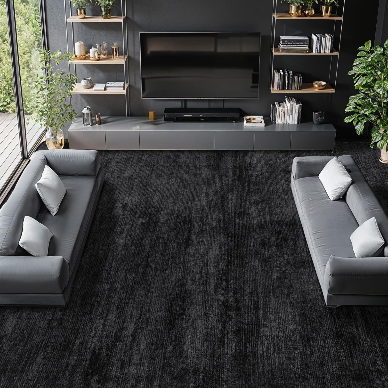 LIANLAM 10x12 Washable Rug, Black Solid Area Rugs for Living Room & Bedroom | Stain-resistant & Non-slip backing,Low Pile Washable Large Carpet, Solid Vintage Style For High Traffic Areas(10x12,Black)