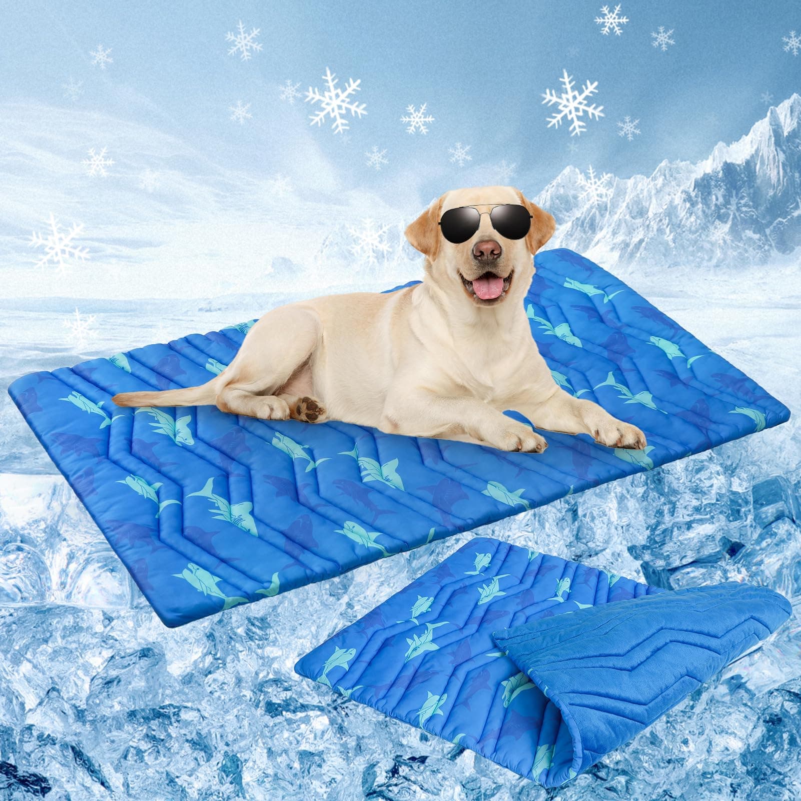 BEAUTYZOO Cooling Mat for XLarge Dogs, 59x40in Reversible Pad, Self-Cooling | Machine Washable & Foldable, Indoor & Outdoor, No Freeze Needed, Portable for Kennel Sofa Floor Car Travel Summer, Shark XL