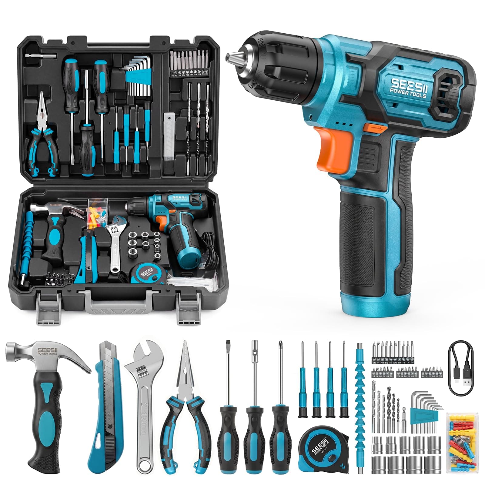 Seesii Cordless Drill Set, 108 Pcs Home Tool Kit, 12Nm Torque & Battery | Steel Bits for DIY Home Repair & Furniture Assembly, Flexible Shaft, 3/8" Keyless Chuck, Housewarming Gifts for Men Dad