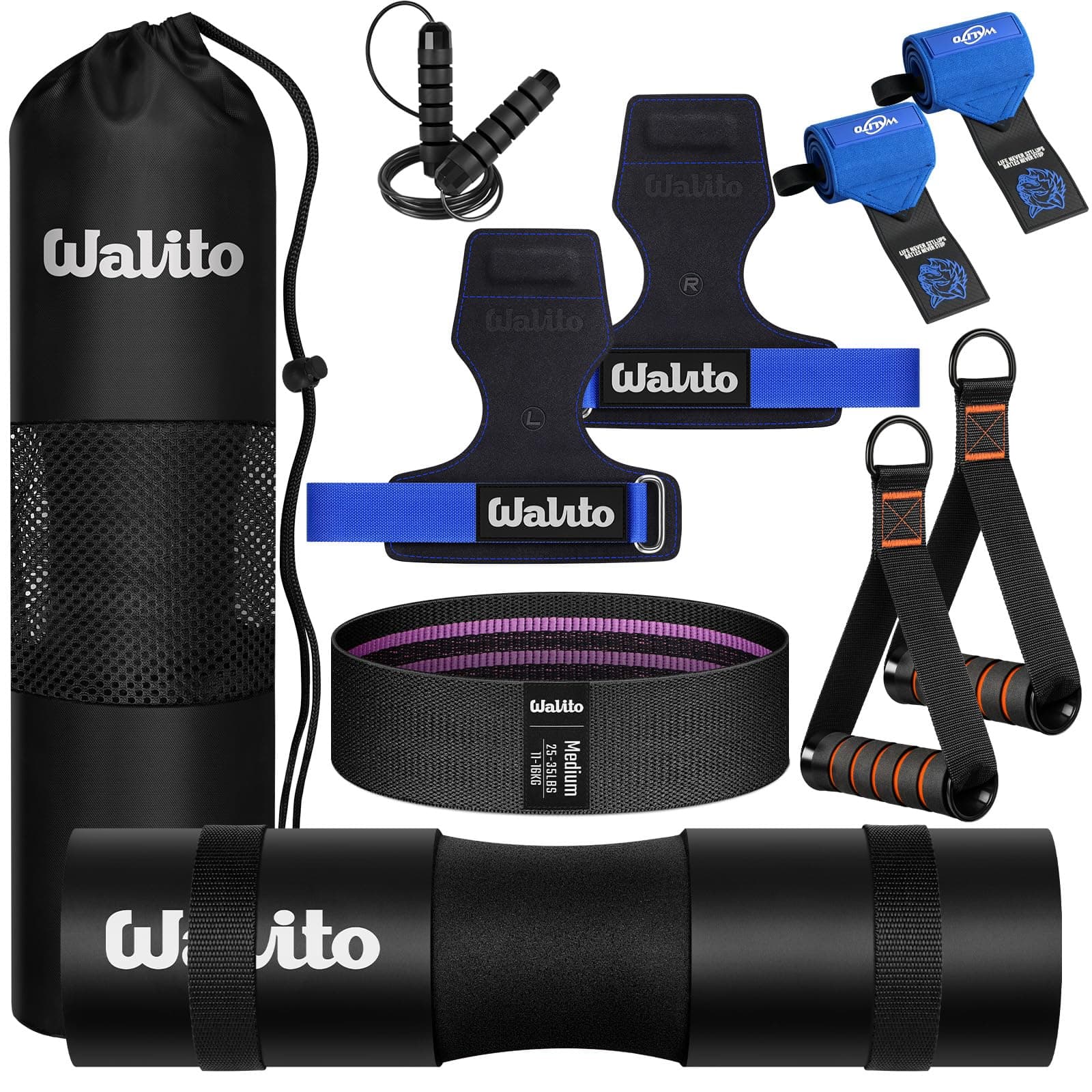 WALITO 8Pcs Barbell Pad Set for Hip Thrust - Squat Pad,Gym Accessories for Women with Bar Bad,Bench Press, with Gym Ankle Straps,Resistance Bands for Working Out,Lifting Strap,Carry Bag