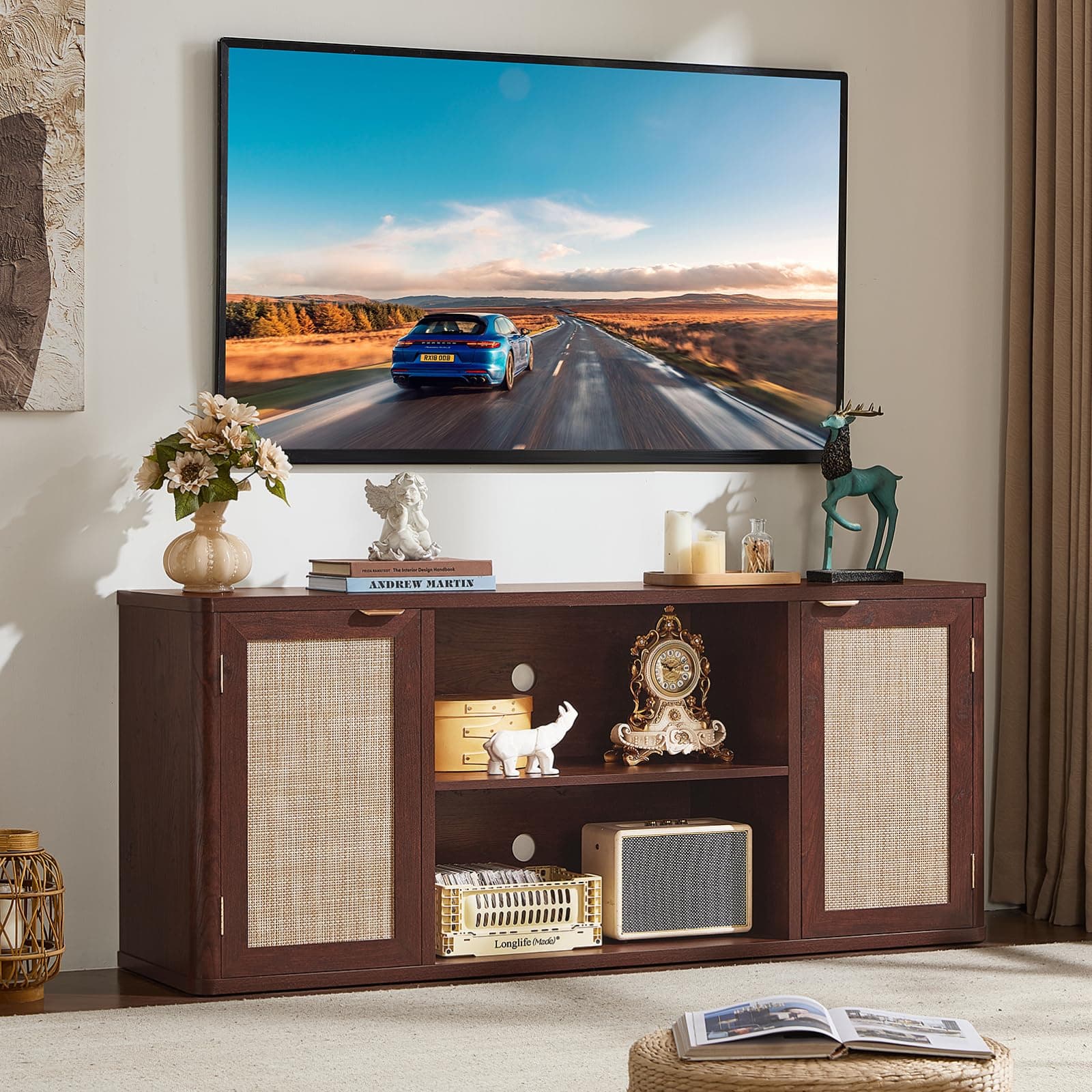 LEYAOYAO Rattan TV Stands for Living Room, Walnut | Boho Media Console with Rounded Corners & 6 Large Storage Compartments & Floor-Standing Design for 50-65 Inch TV