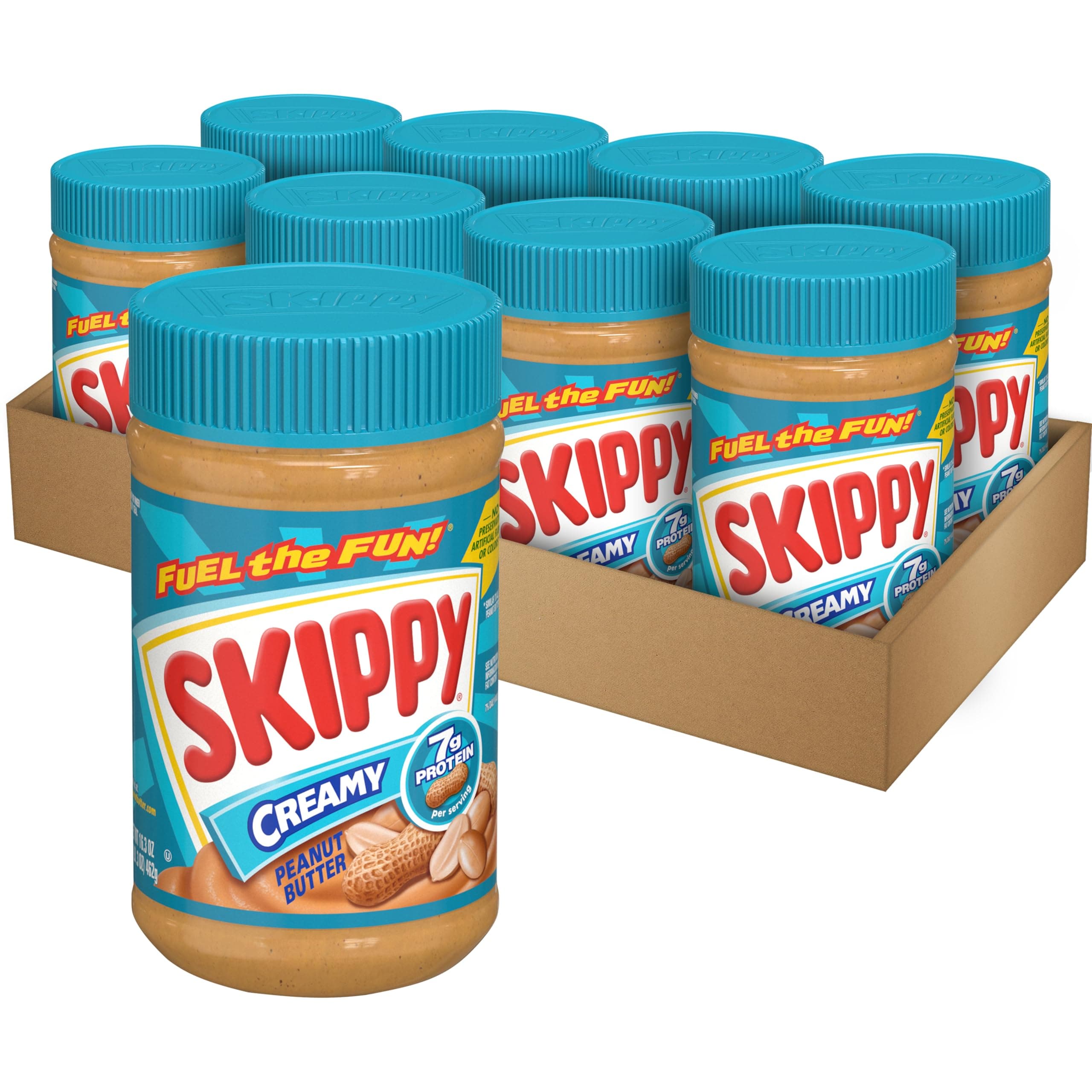 SKIPPY Creamy Peanut Butter, Plant Based Protein, 16.3oz x8 | Peanut Butter Bulk. 4 Ingredients, 7g Protein /serving, Gluten-free. Perfect for Protein Snacks, Kids Snacks, Kids Lunch