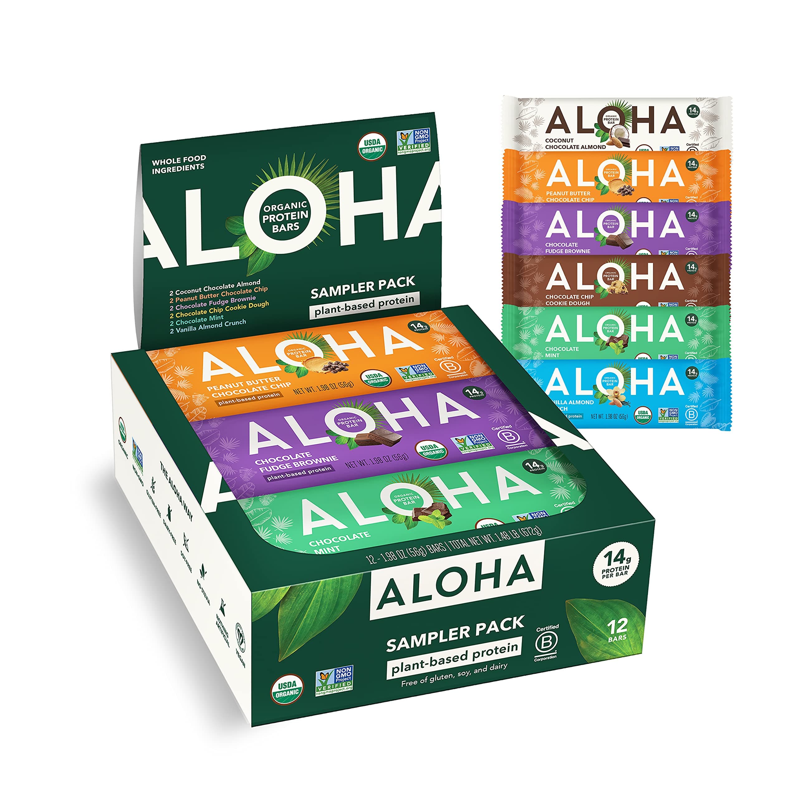 ALOHA Organic Plant Based Protein Bars - 6 Flavor Variety Pack - 12 Count, 1.9oz Bars - Vegan Snacks, Low Sugar, Gluten-Free, Low Carb, Paleo, Non-GMO, Stevia-Free, No Sugar Alcohol Sweeteners | On The Go Snack | 10g Fiber, 14g Protein | Vegan Snacks | Non-GMO, Kosher, No Sugar Alcohols, Gluten & Dairy Free