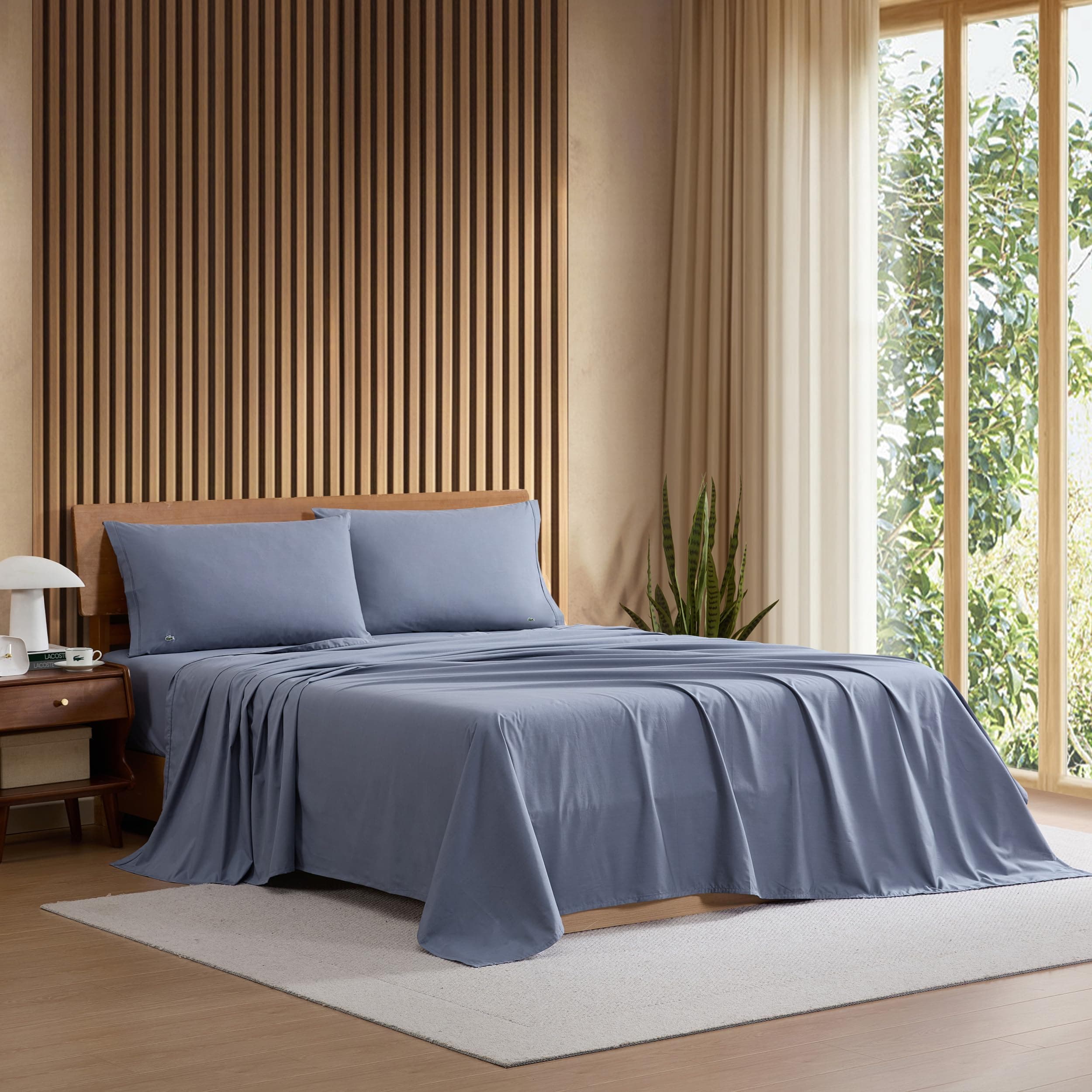 Lacoste 100% Cotton Percale 4-Piece Sheet Set, Vintage Indigo, Queen | Crisp Cool Breathable, All-Season Bedding, Oeko-Tex Certified, Soft Matte Finish, Durable Quality, Solid Color