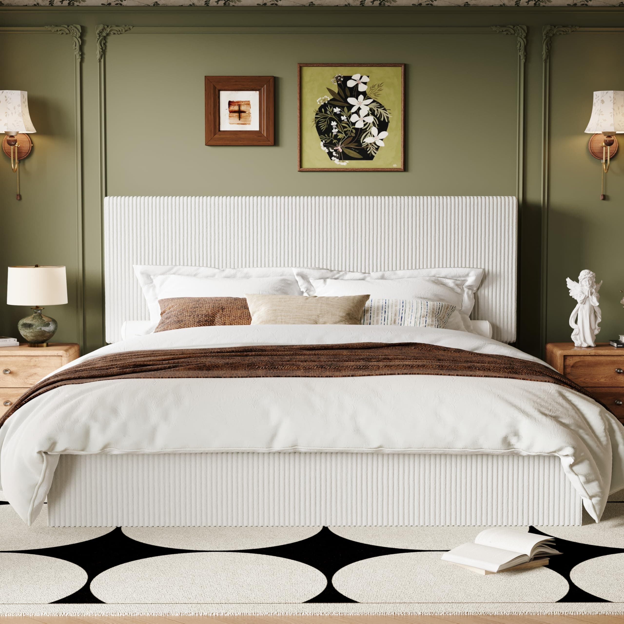 Allewie King Bed Frame, Adjustable Corduroy Headboard, Platform, White | Adjustable Headboard, Corduroy Fabric, Low Profile, Wooden Slats, 1000 lb Capacity, No Box Spring Needed