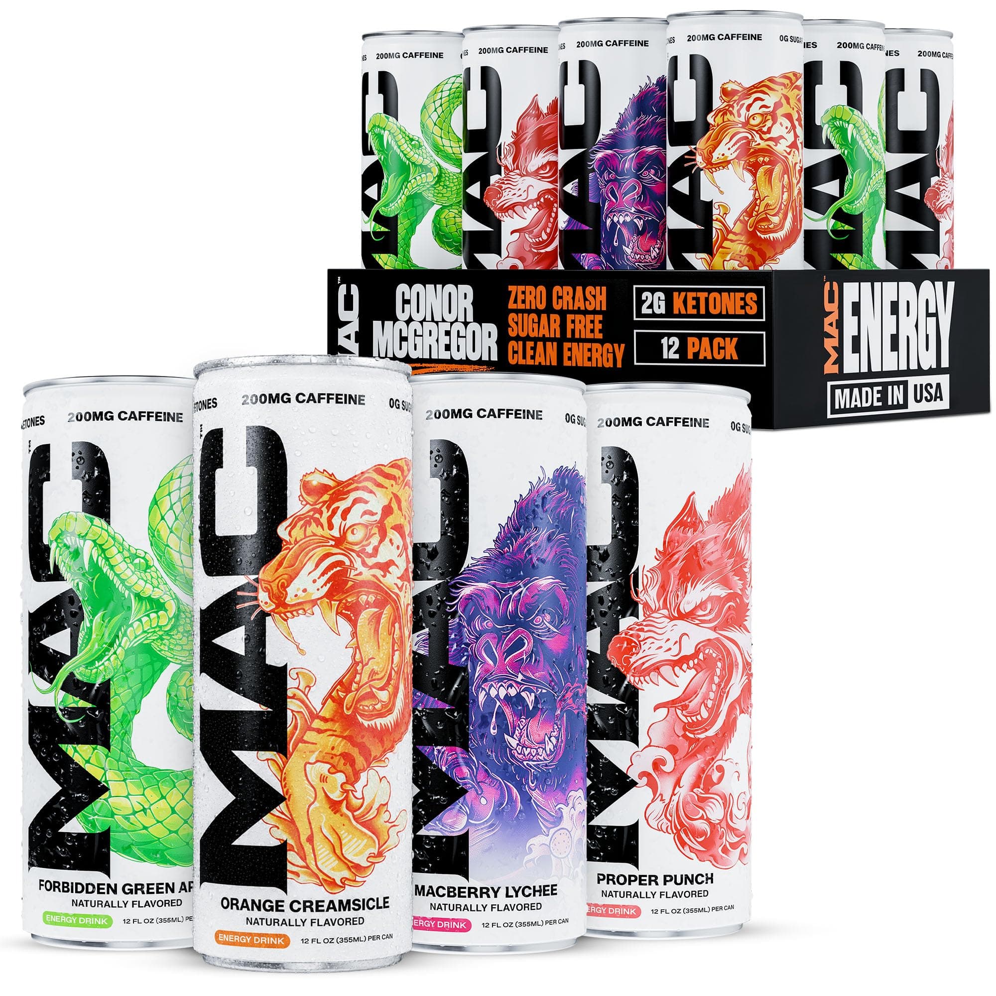 MAC Energy by Conor McGregor 4-in-1 Variety Pack Sugar Free Energy Drink | 12 Pack 12oz, 3 Cans Each - Forbidden Green Apple, Macberry Lychee, Orange Creamsicle & Proper Punch, Zero Sugar, 10 Calories