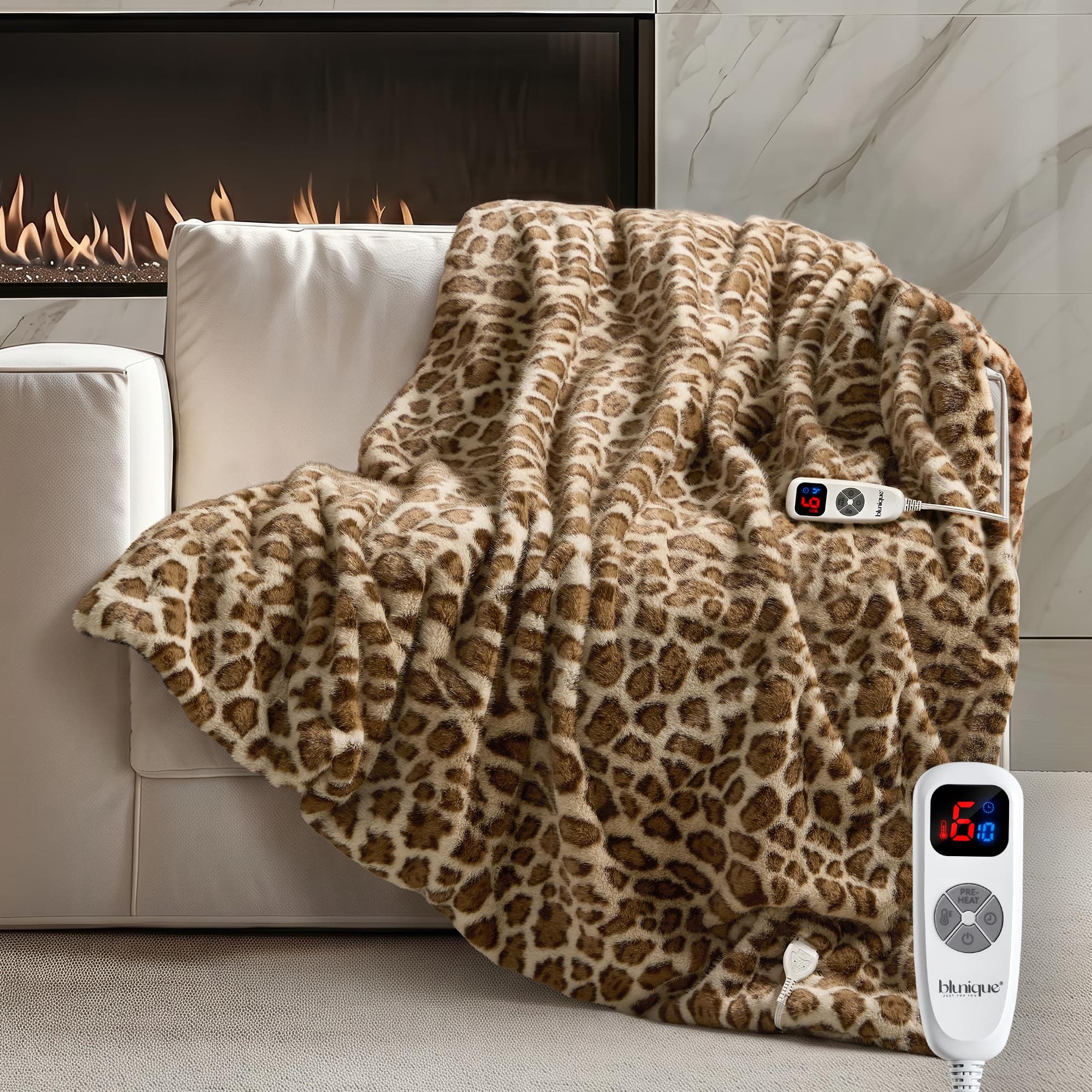 Luxury Faux Fur Heated Blanket Electric Twin | Leopard Print Ultra Soft Thick Warm Heated Blanket, 6 Heating Levels & Auto-Off, ETL Certified, 62''x84''