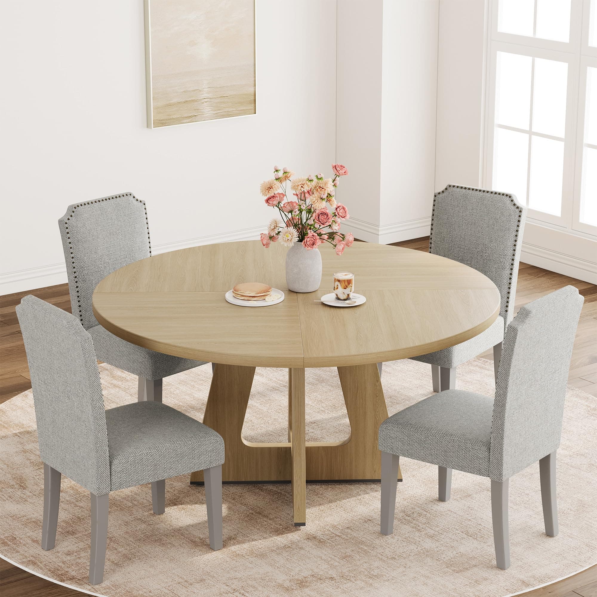 Garvee 47" Round Dining Table for 4 to 6, Farmhouse Kitchen Table with Cross Pedestal Base, 63 Lbs Circle Dinner Table, Not Easy to Slide - Natural Wood(No Chairs)