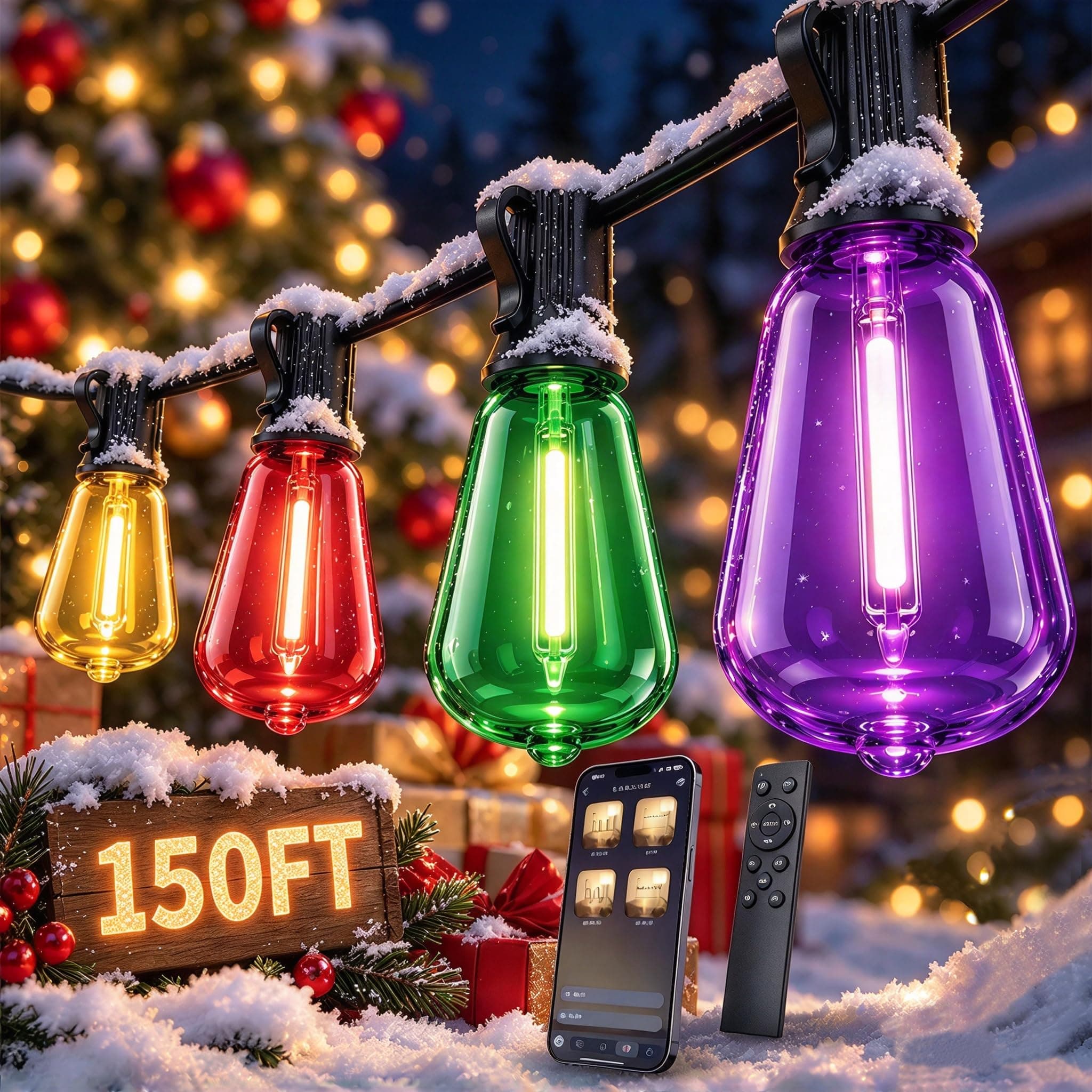 Outdoor String Lights 150FT RGB color changing Patio Lights for Outside | Remote Control &Smart App with Timer MulticolorLED IP67Waterproof 4Scene Modes Dimmable with Bulbs for Garden and Yard Decor