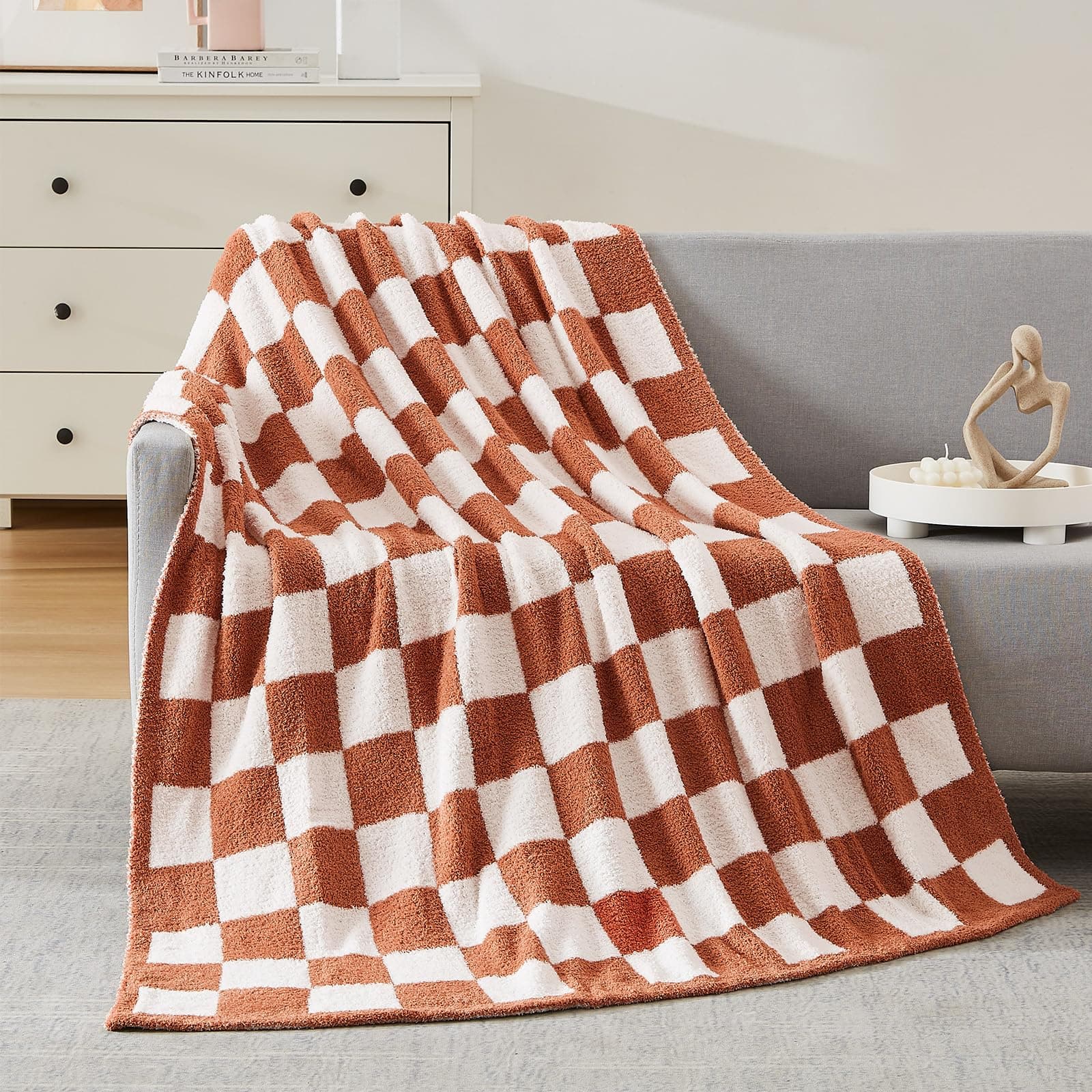 WRENSONGE Soft Checkered Throw Blanket for Couch-Cozy Warm Knitted Blankets | Lightweight Warm Fluffy Decor for Women, Mom, Her & Girls, Sofa, Chair, Bed, 50x60in,Autumn Leaf Orange
